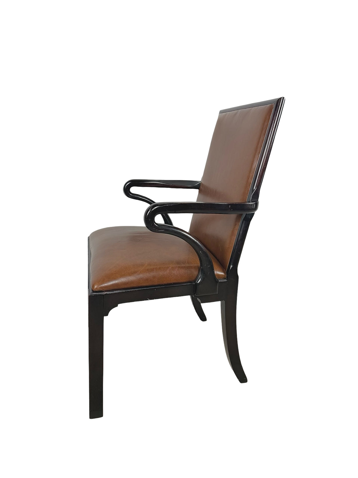 Vintage Baker Furniture Brown Leather & Ebonized Wood Armchair