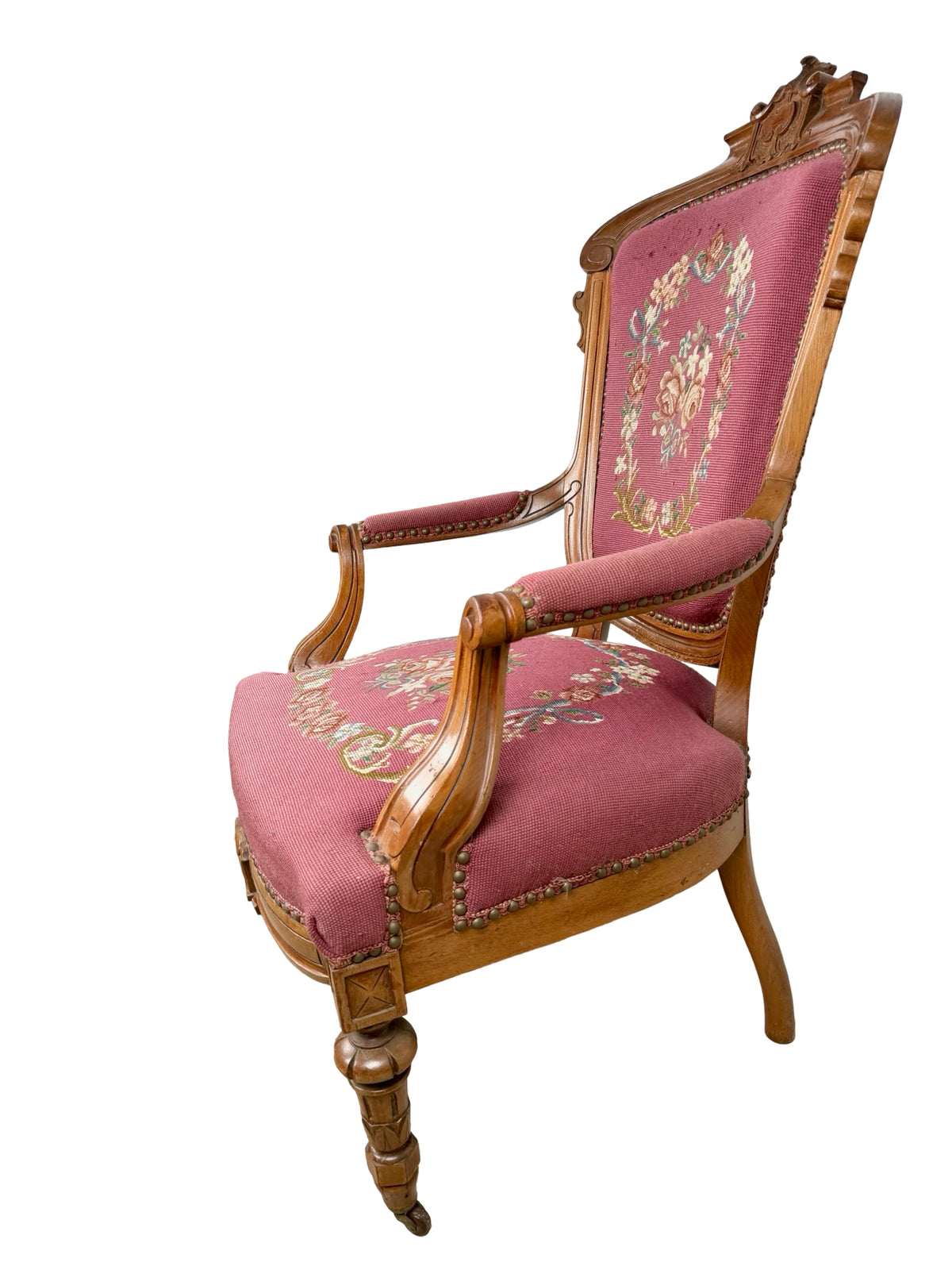 Vintage Renaissance Revival Carved Armchair with Burgundy Floral Upholstery