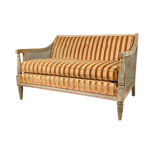 French Louis XVI Style Cane Settee With Elegant Striped Upholstery