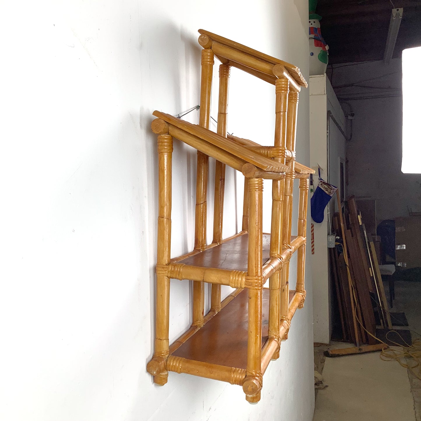 Vintage Bamboo & Rattan Stepped Hanging Wall Shelf | Paul Frankl Skyscraper Style | 1970s Boho Tropical