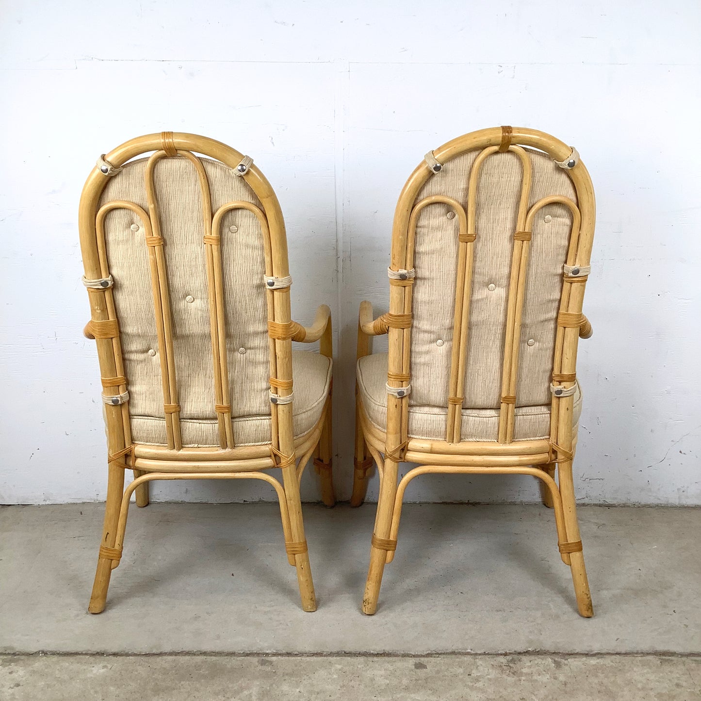 Vintage Henredon Rattan Armchairs, Pair with Cushions, Honey Tone