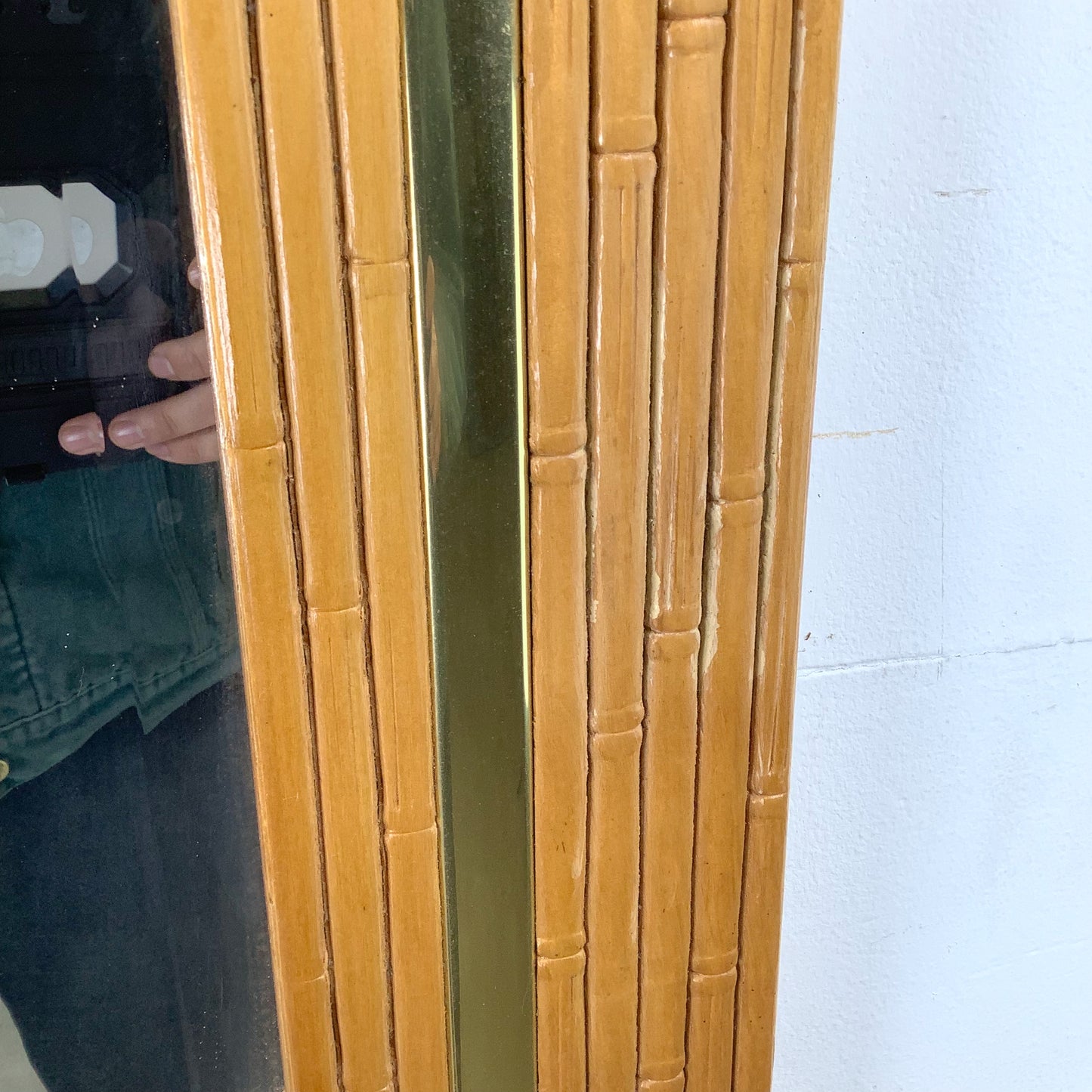 Vintage Modern Boho Octagonal Mirror with Faux Bamboo Wood Frame