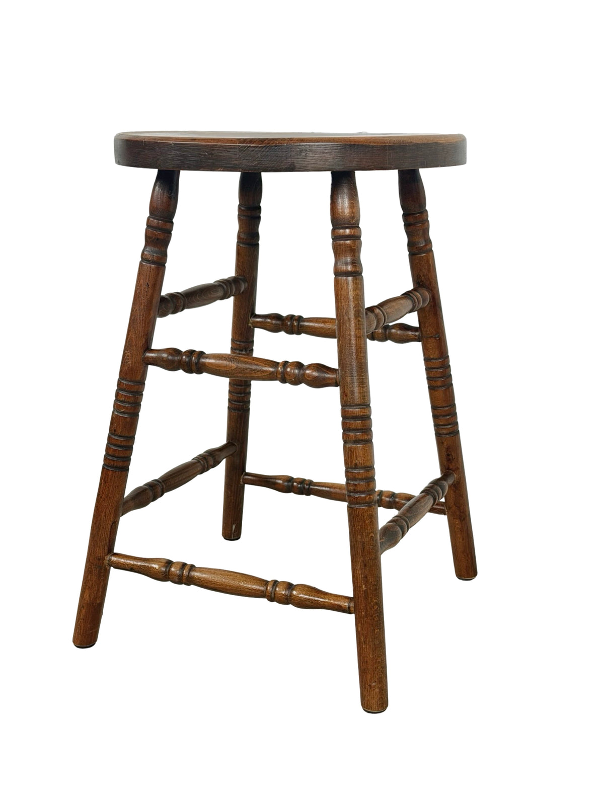 Antique Country Turned-Leg Round Wooden Stool, Primitive Farmhouse