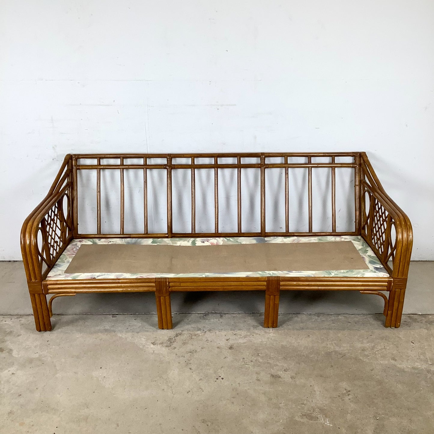 Vintage Rattan Three-Seat Sofa, Diamond Lattice Arms