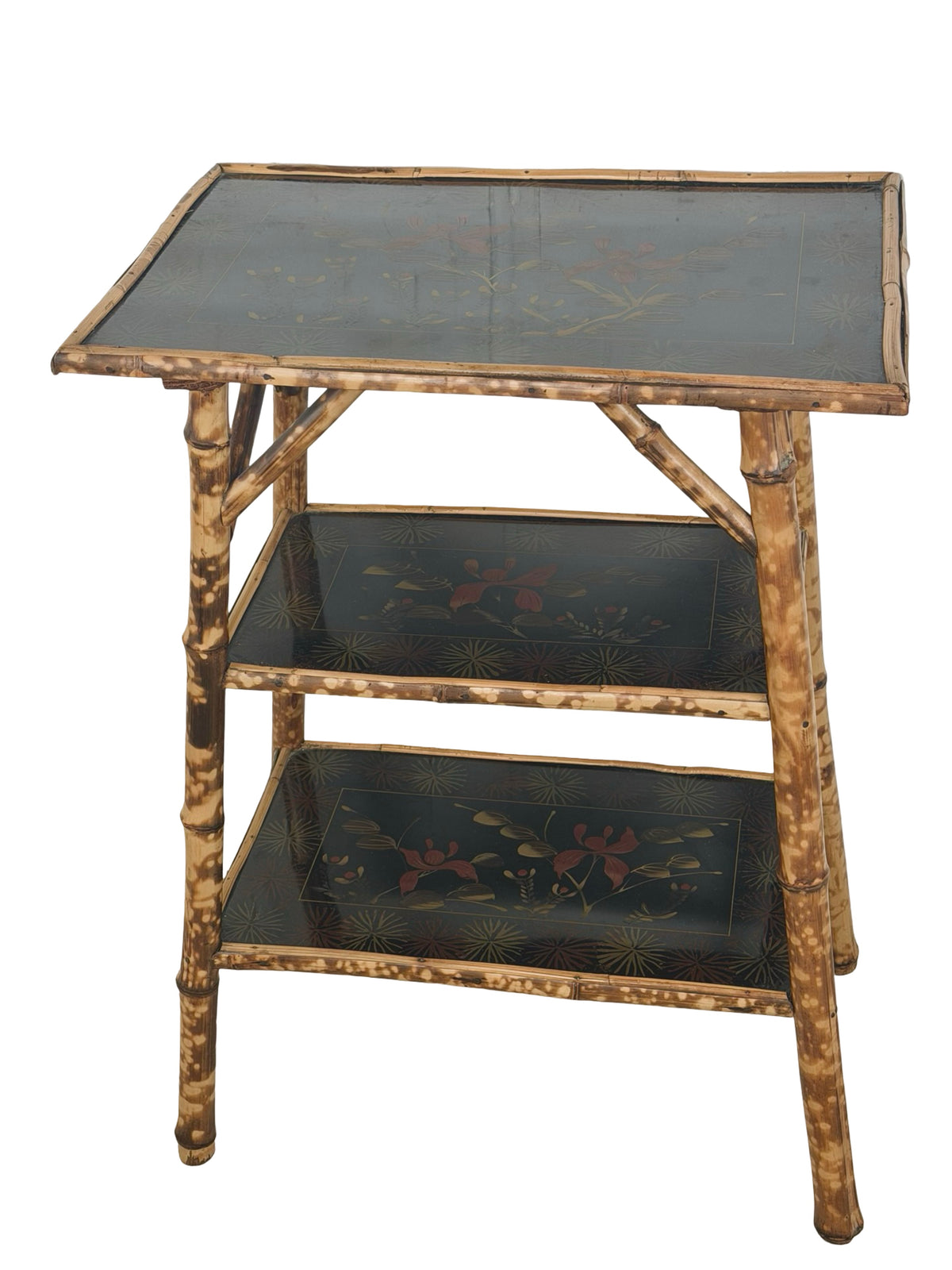 Antique Victorian Aesthetic Movement Tiger Bamboo Three-Tier Side Table with Floral Shelves