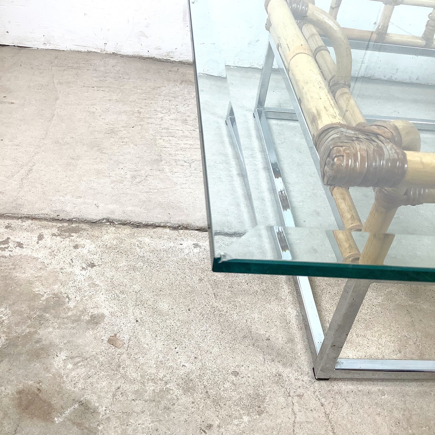 Vintage Hollywood Regency Bamboo, Chrome, and Glass Square Coffee Table