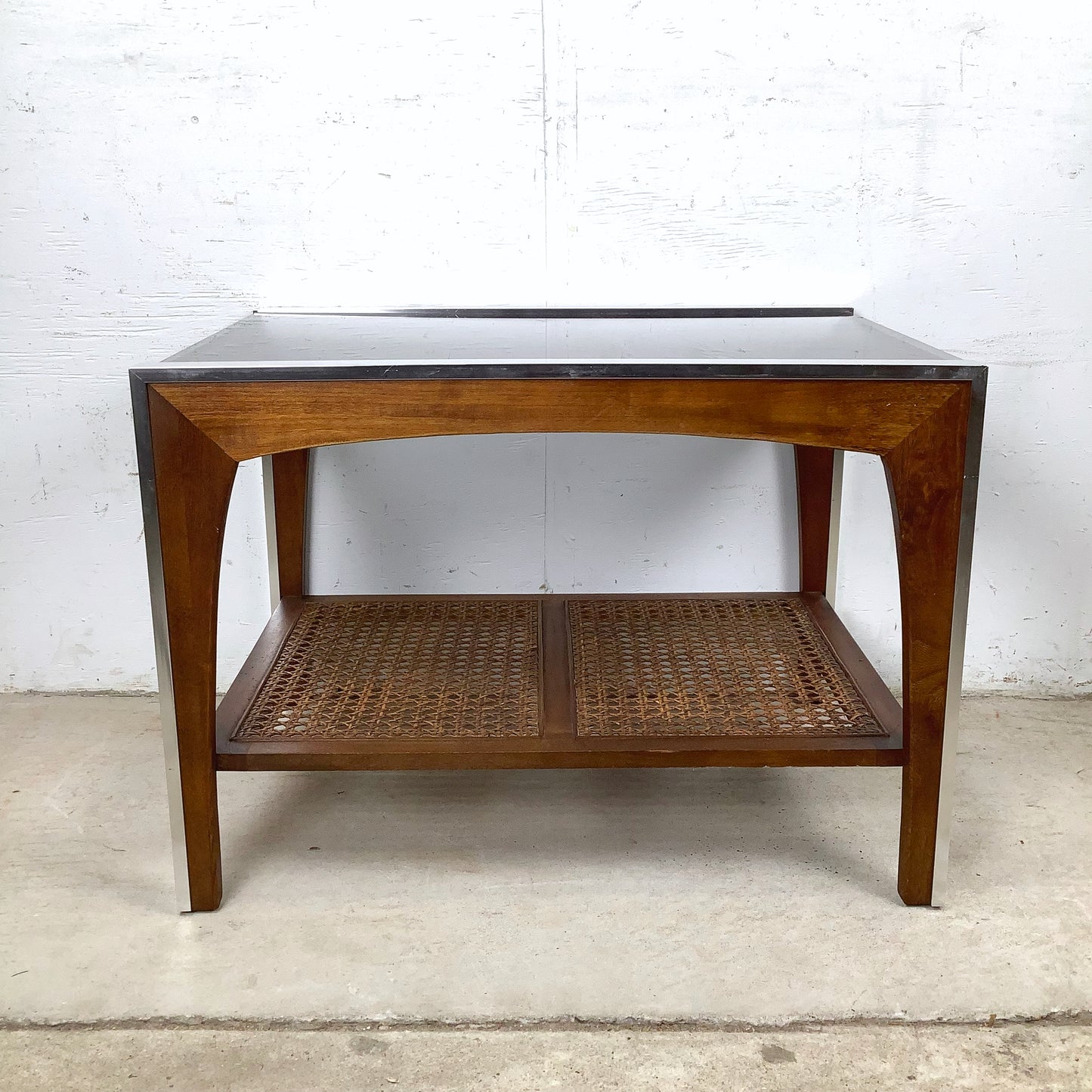 Lane Mid-Century End Table with Smoked Glass, Cane, and Wood Frame
