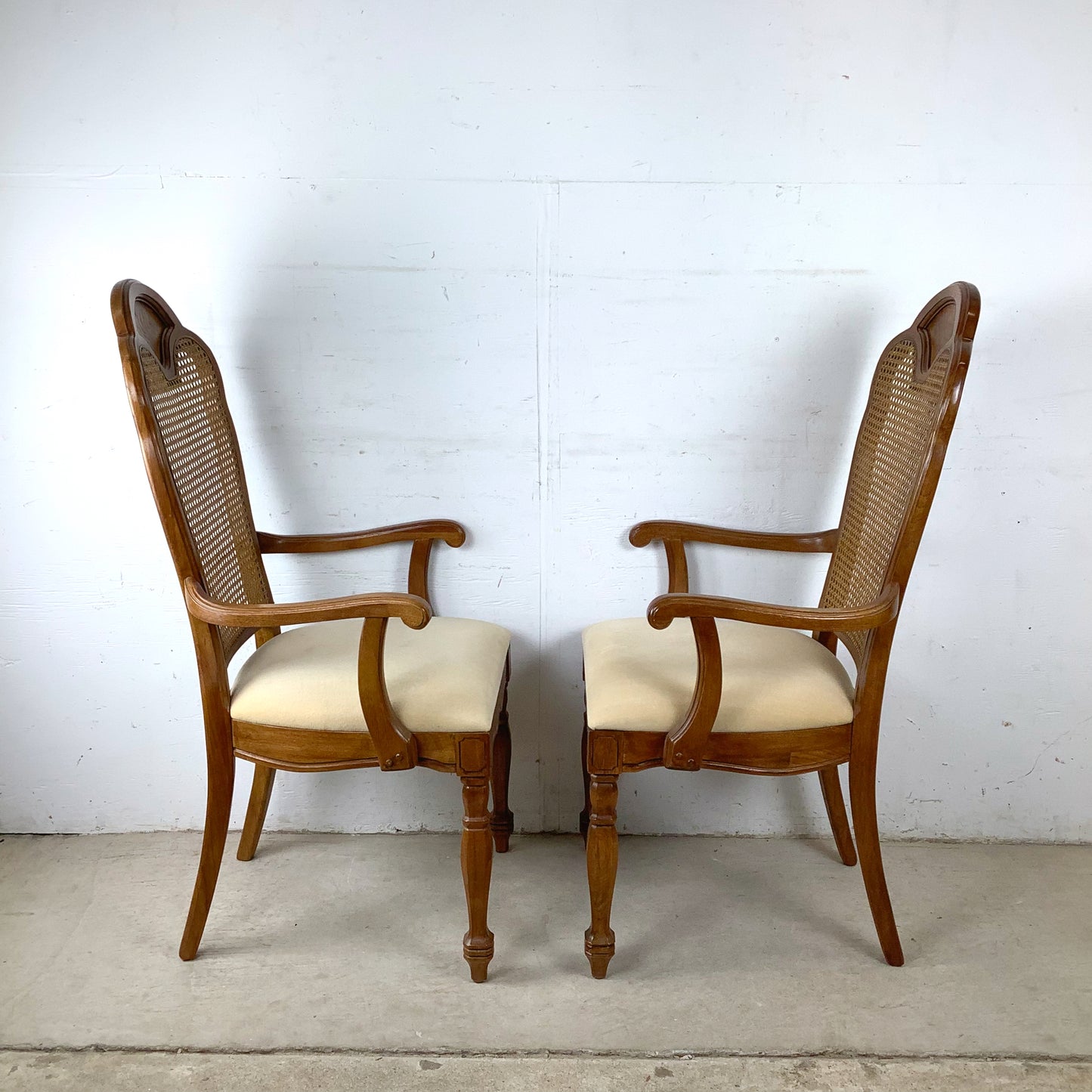 Pair of Vintage Provincial High-Back Cane Armchairs — Walnut, Burlwood Crest, 1970s