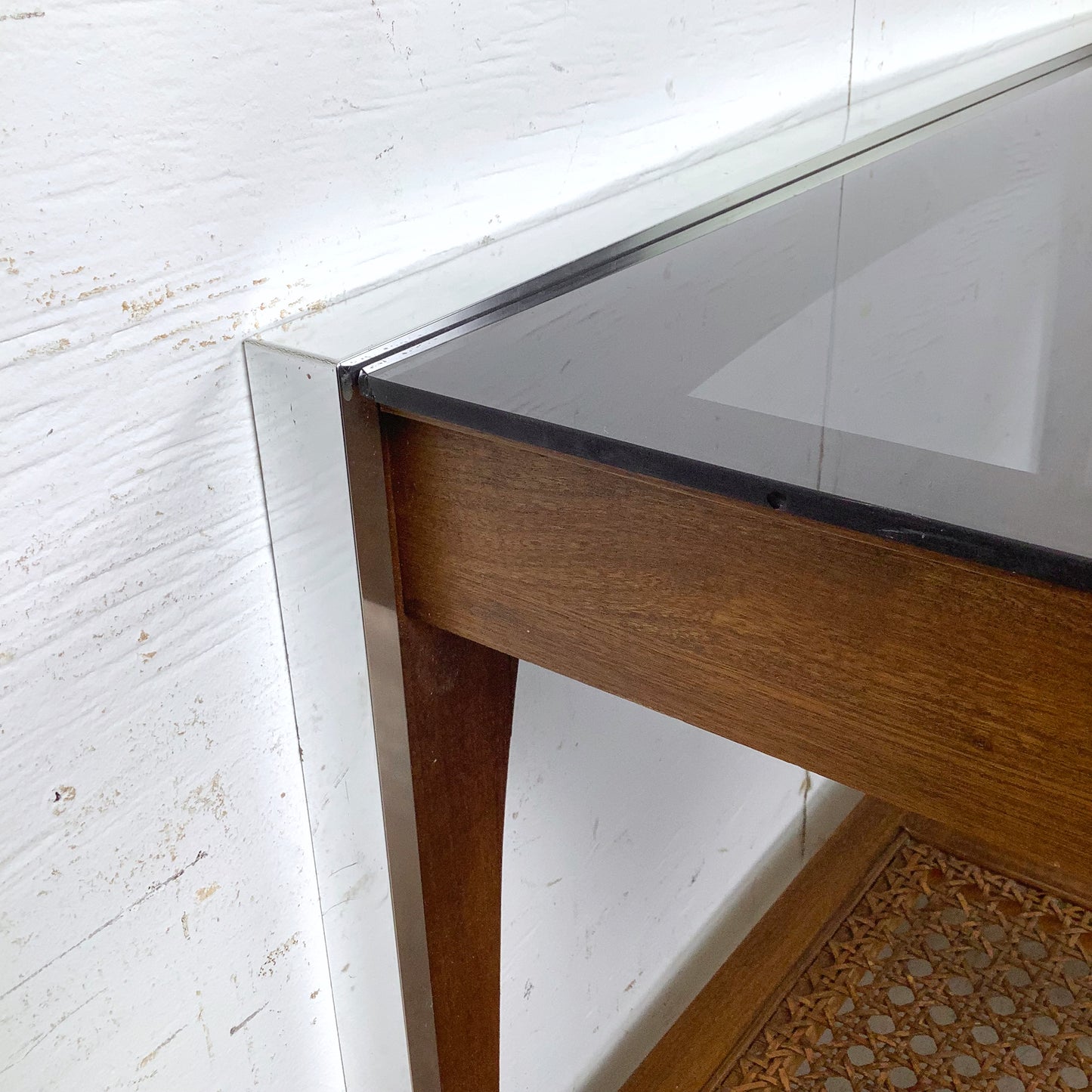 Lane Mid-Century End Table with Smoked Glass, Cane, and Wood Frame