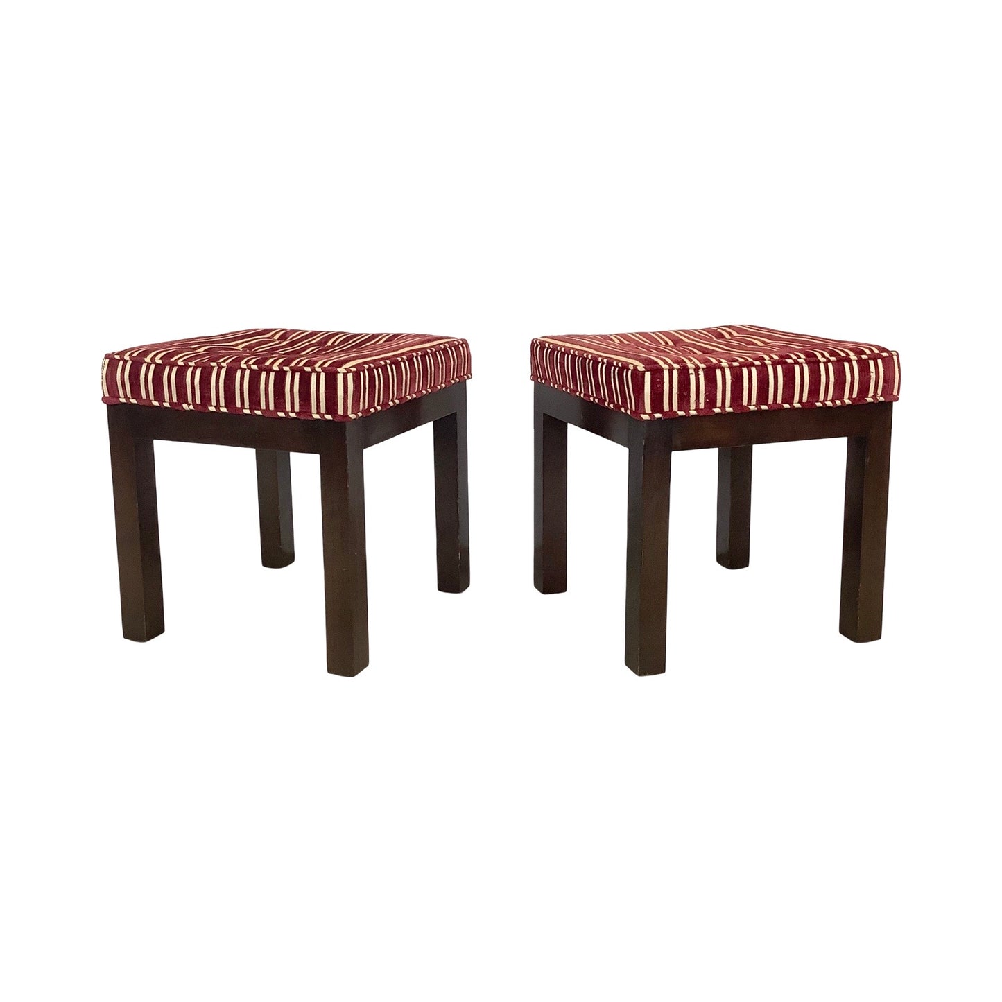 Pair of Vintage Mid-Century Tufted Footstools with Striped Fabric