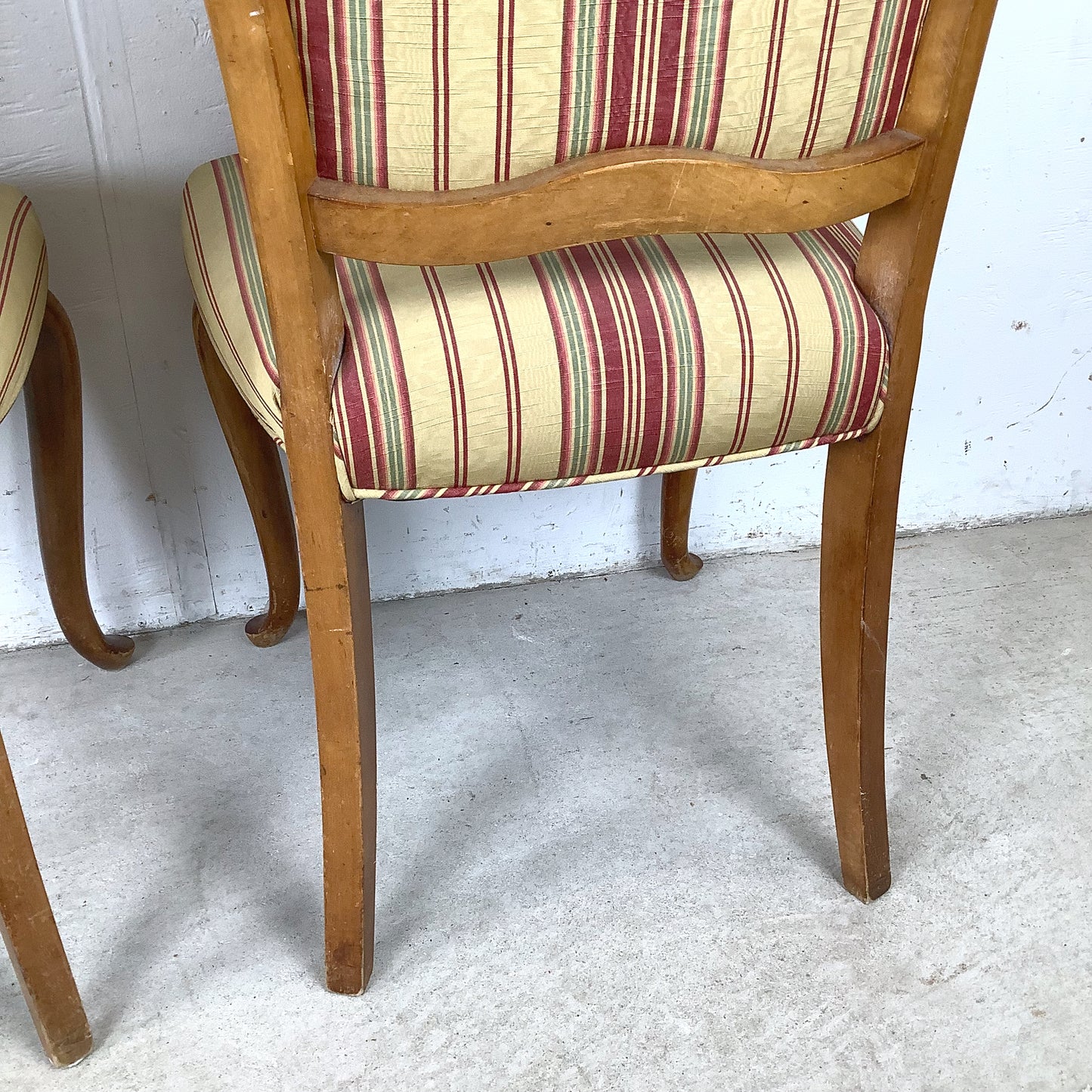 Queen Anne Dining Side Chairs — Set of Four | Walnut Cabriole Legs | Burgundy Stripe Upholstery