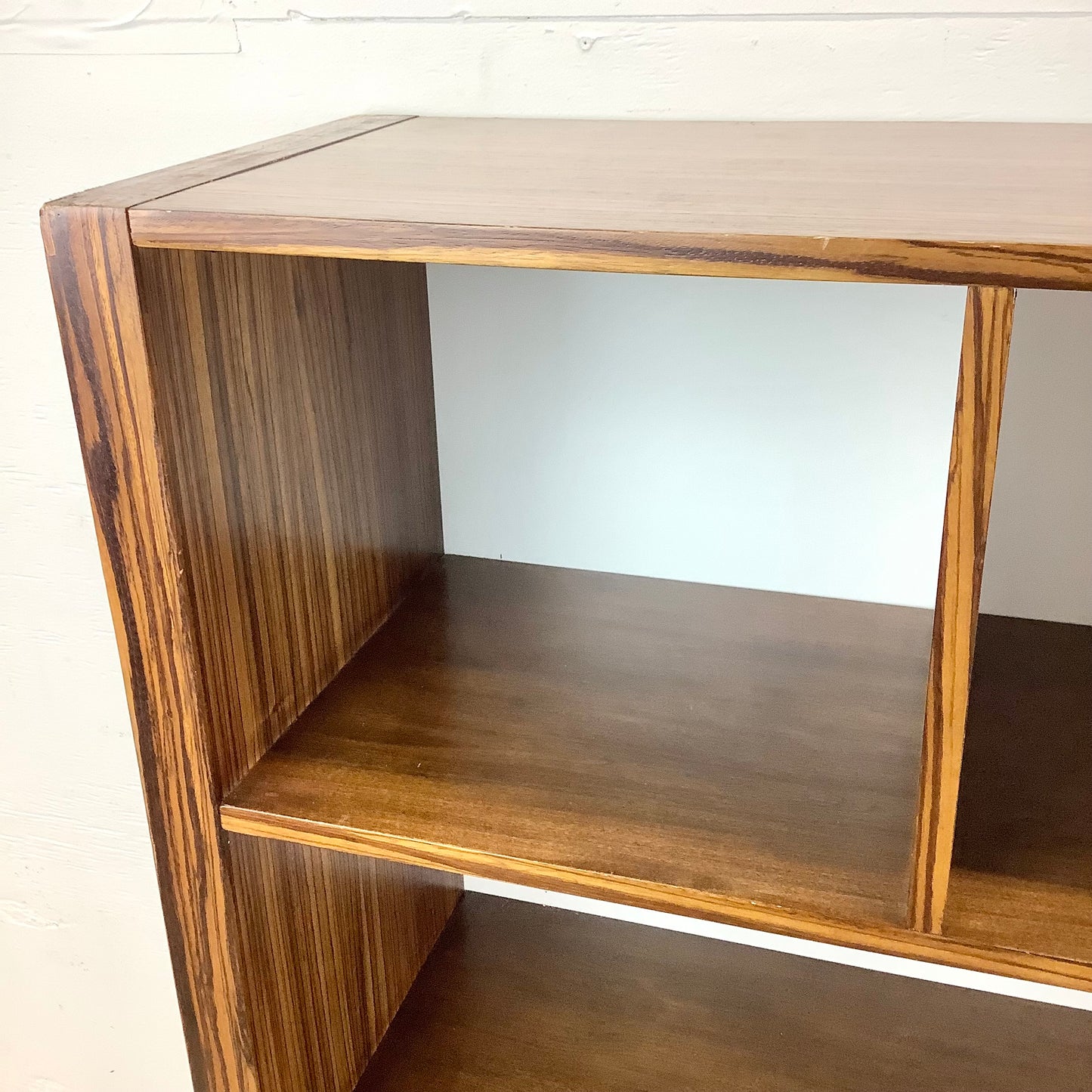 Modern Zebrawood Cube Shelf with Chrome Sled Base