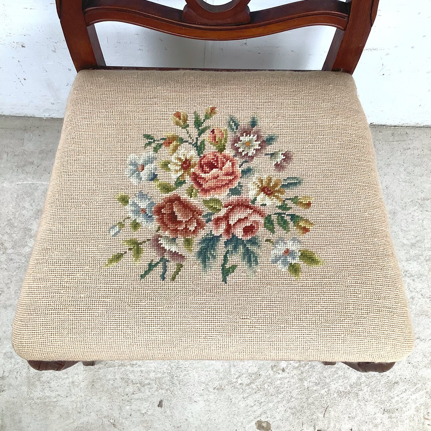 Vintage Queen Anne Style Side Chair with Needlepoint Upholstered Seat