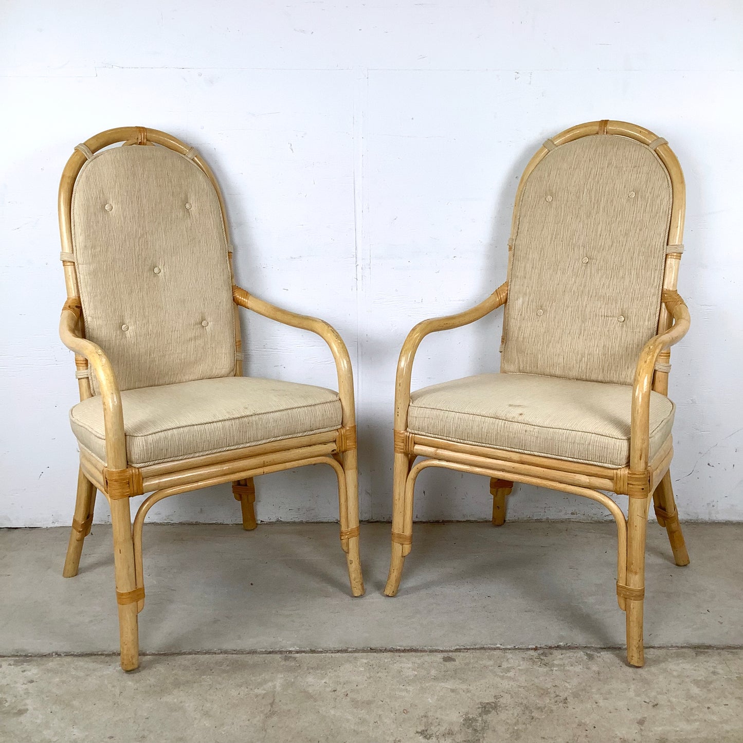 Vintage Henredon Rattan Armchairs, Pair with Cushions, Honey Tone