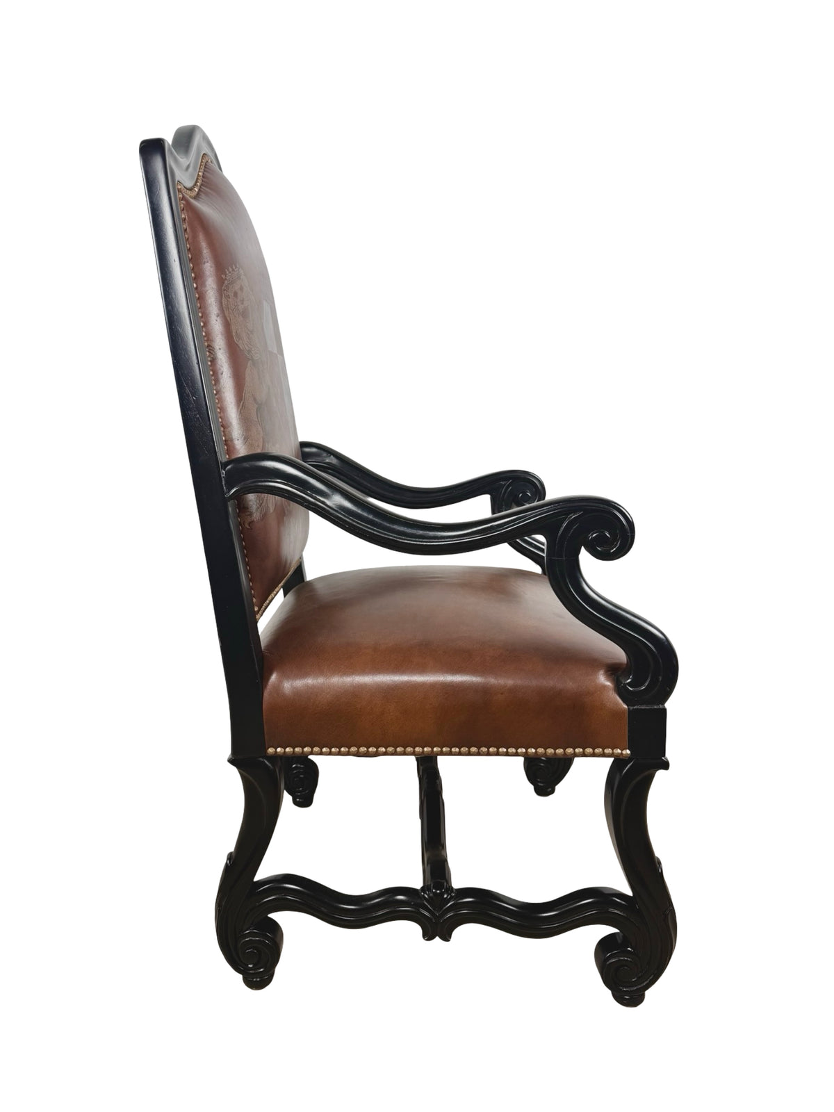Ferguson Copeland Carved Wood & Leather Crest Armchair