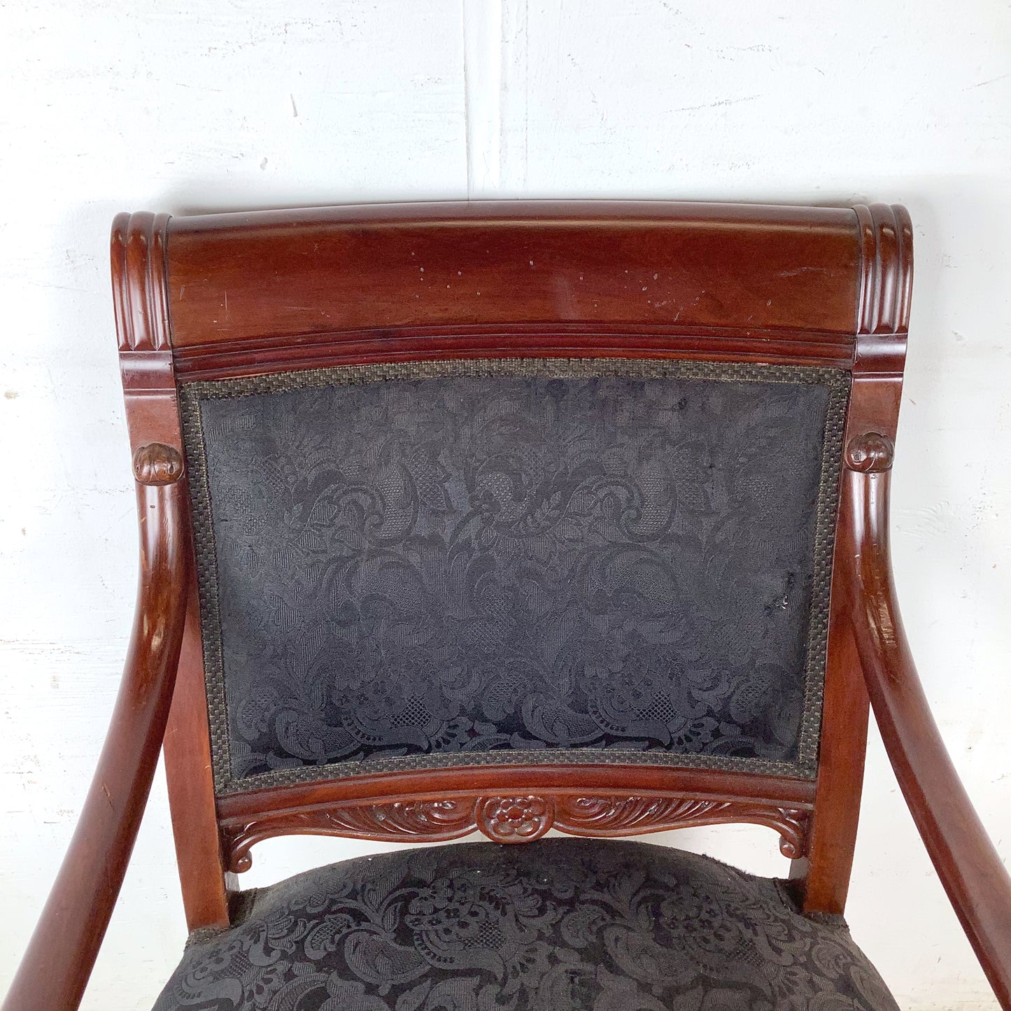 Empire Style Mahogany Armchair | Carved Acanthus Frame | Black Damask Upholstery | Neoclassical