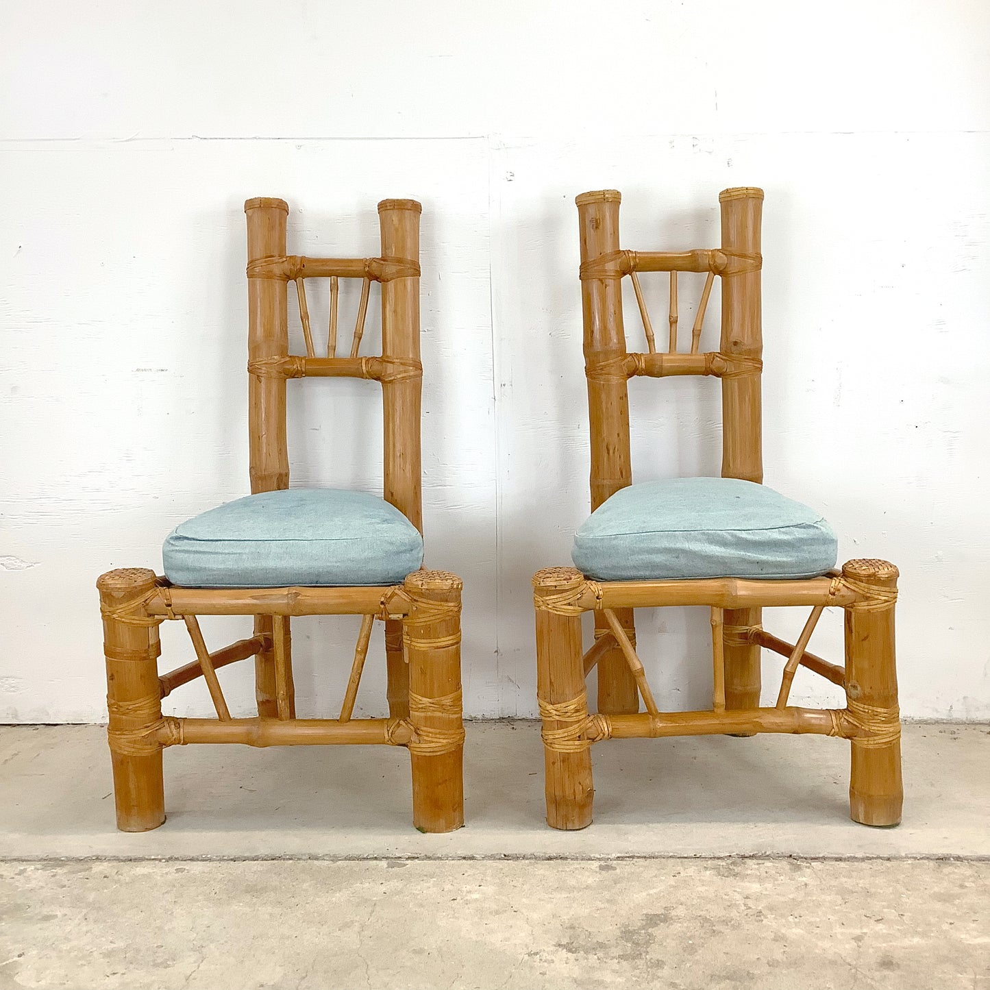 Pair Tall Boho Modern Bamboo Chairs