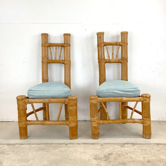 Pair Tall Boho Modern Bamboo Chairs