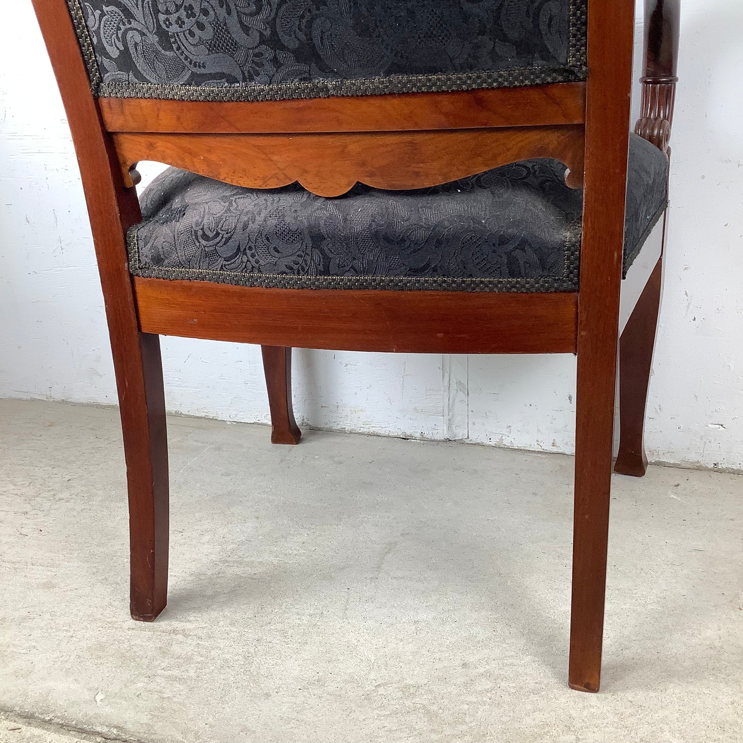 Empire Style Mahogany Armchair | Carved Acanthus Frame | Black Damask Upholstery | Neoclassical