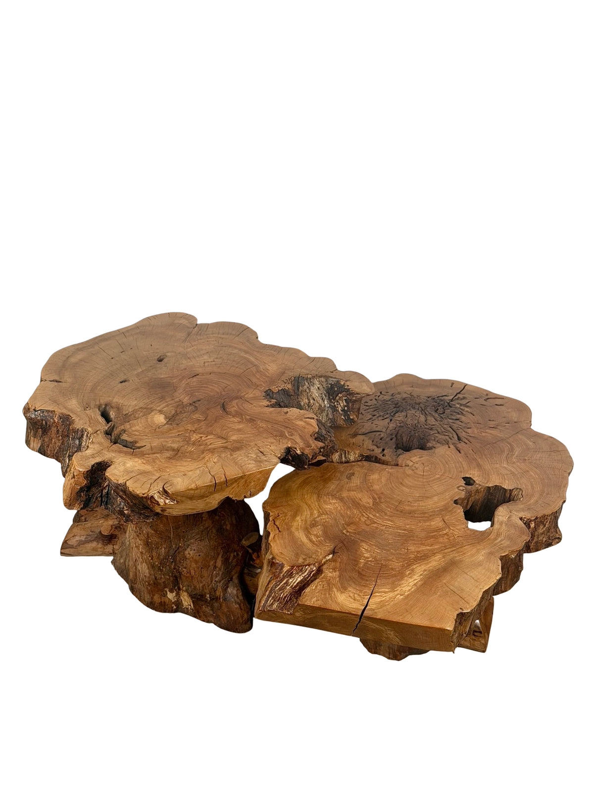 Vintage Two-Tier Live Edge Wood Coffee Table with Sculptural Trunk Base