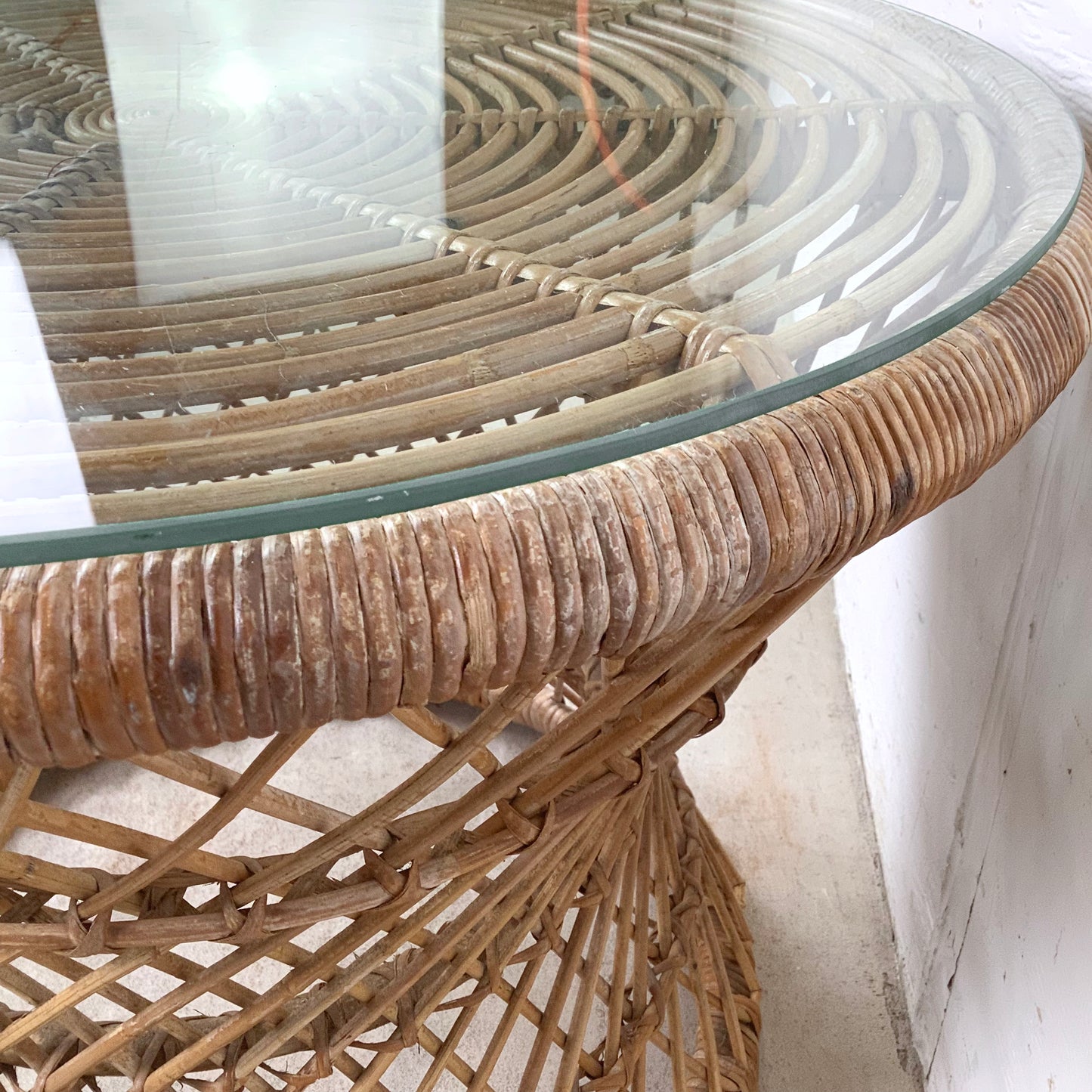 Vintage Wicker Drum Table With Glass Top
