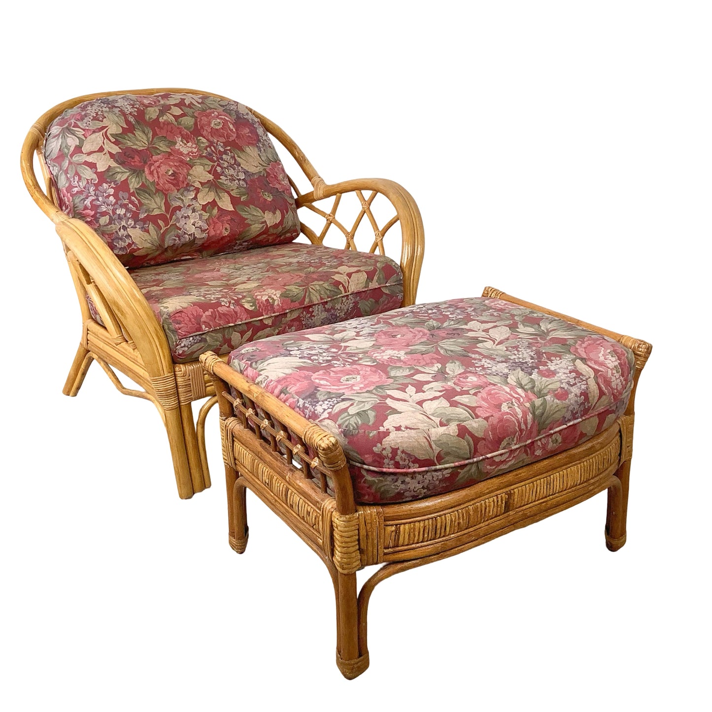 Ficks Reed Style Rattan Lounge Chair and Ottoman | Arched Diamond Lattice Back