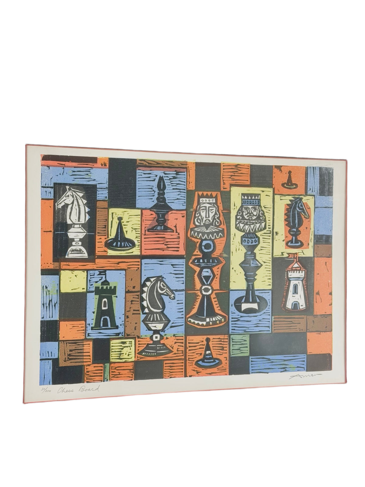 Irving Amen “Chess Board” Signed Mid-Century Modern Color Woodcut