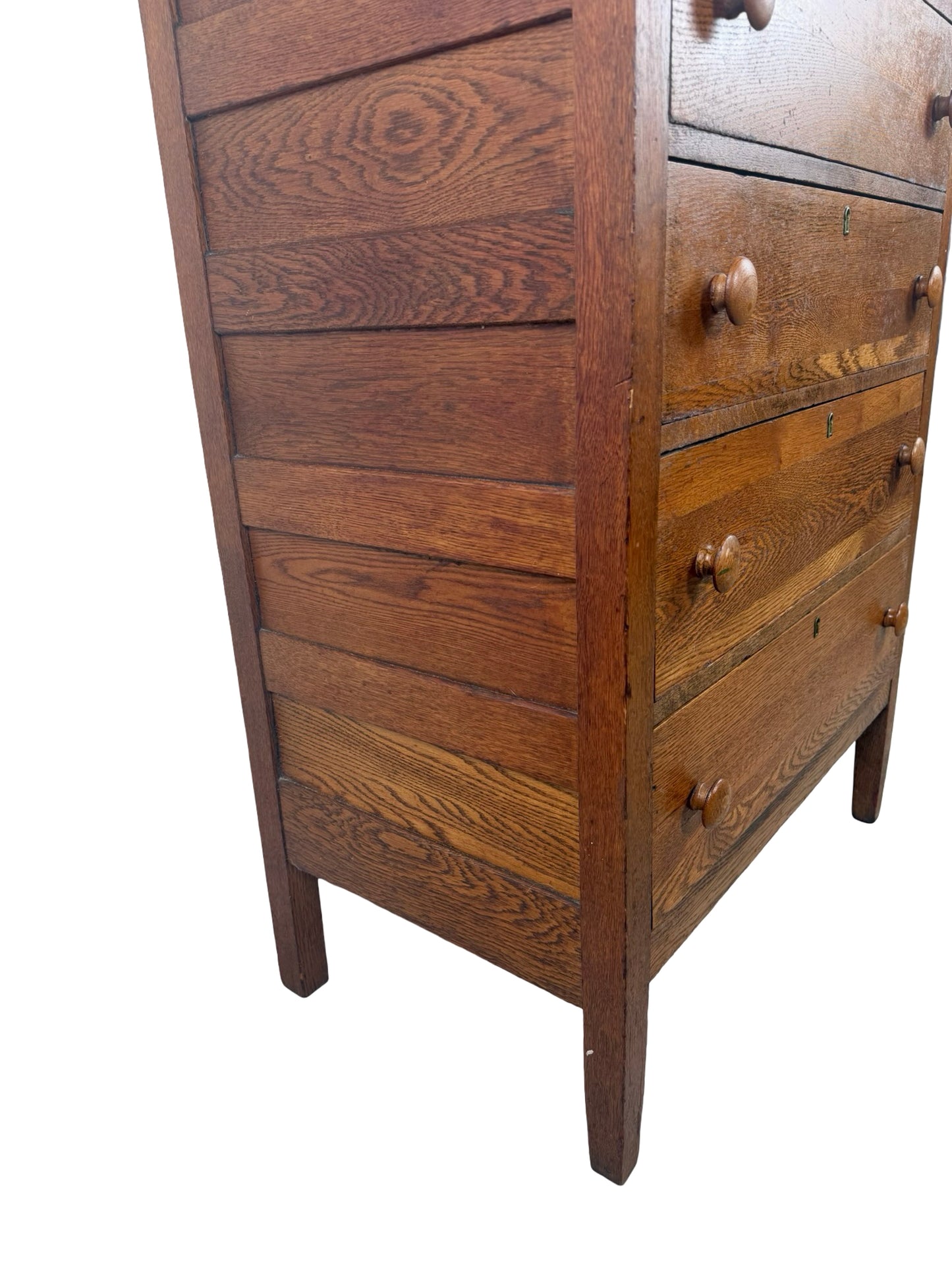 Antique Early 1900s Oak Five-Drawer Tall Chest of Drawers