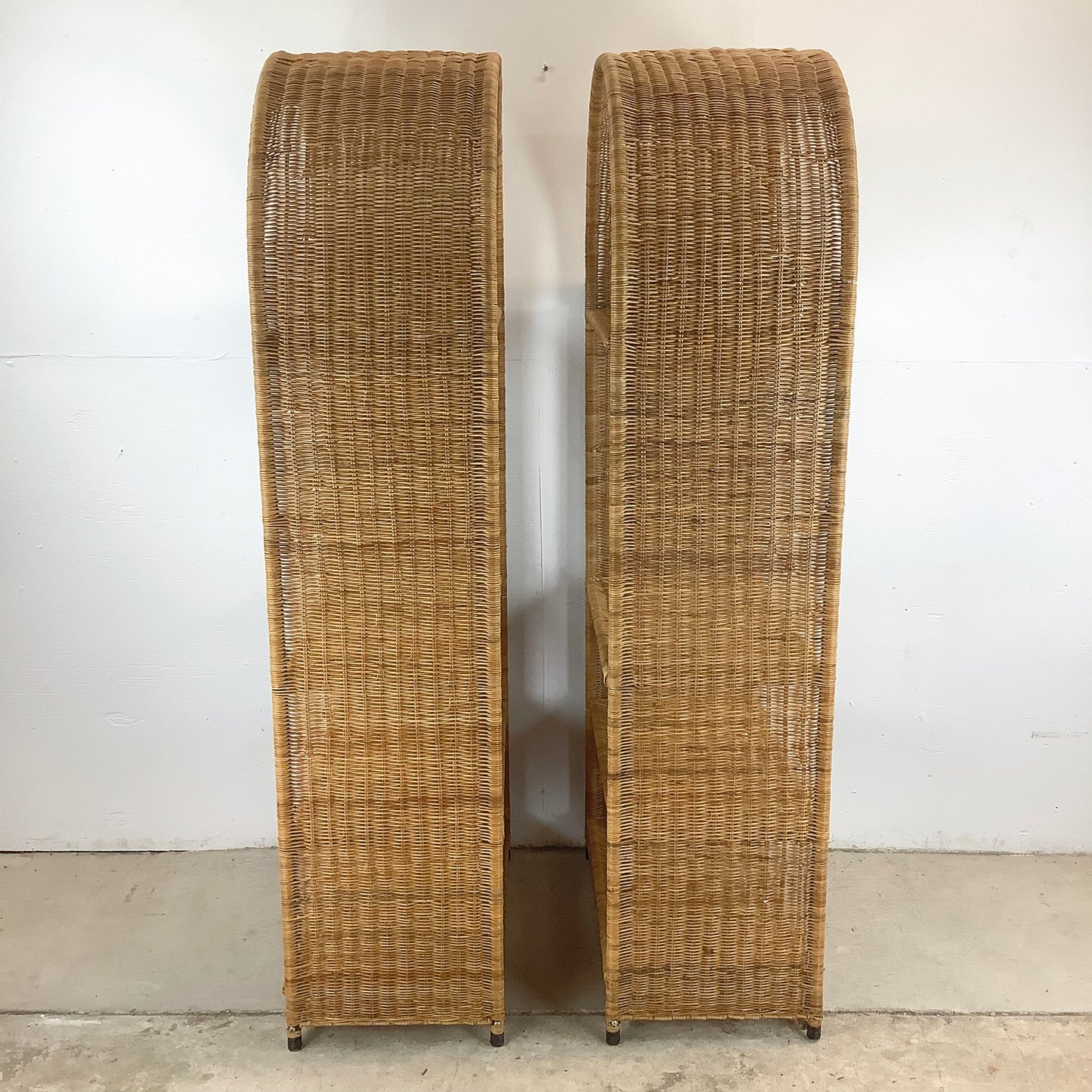Pair Vintage Rattan Arched Bookcases