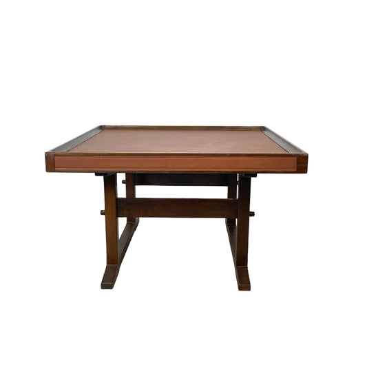 Vintage Studio-Made Square End Table, Leather Top, Architectural Trestle Base, Mid-Century