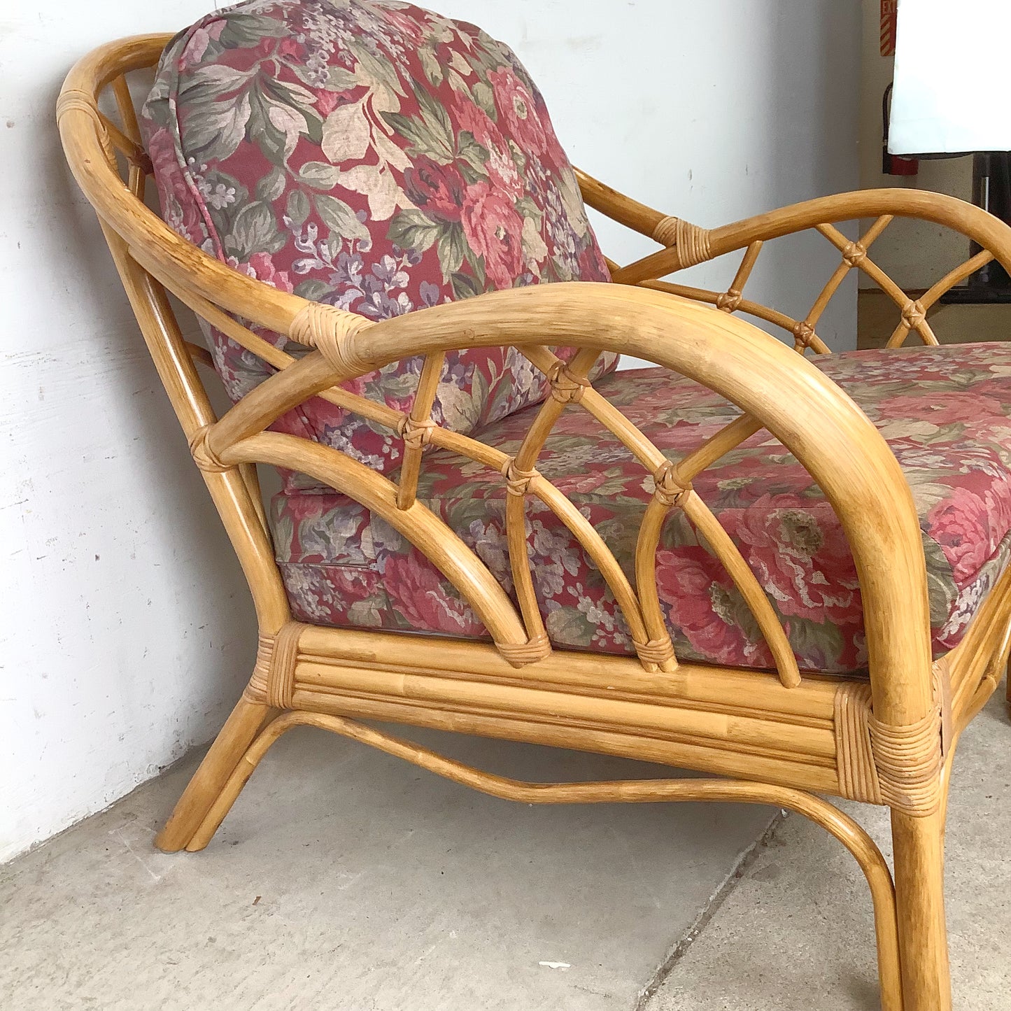 Ficks Reed Style Rattan Lounge Chair and Ottoman | Arched Diamond Lattice Back