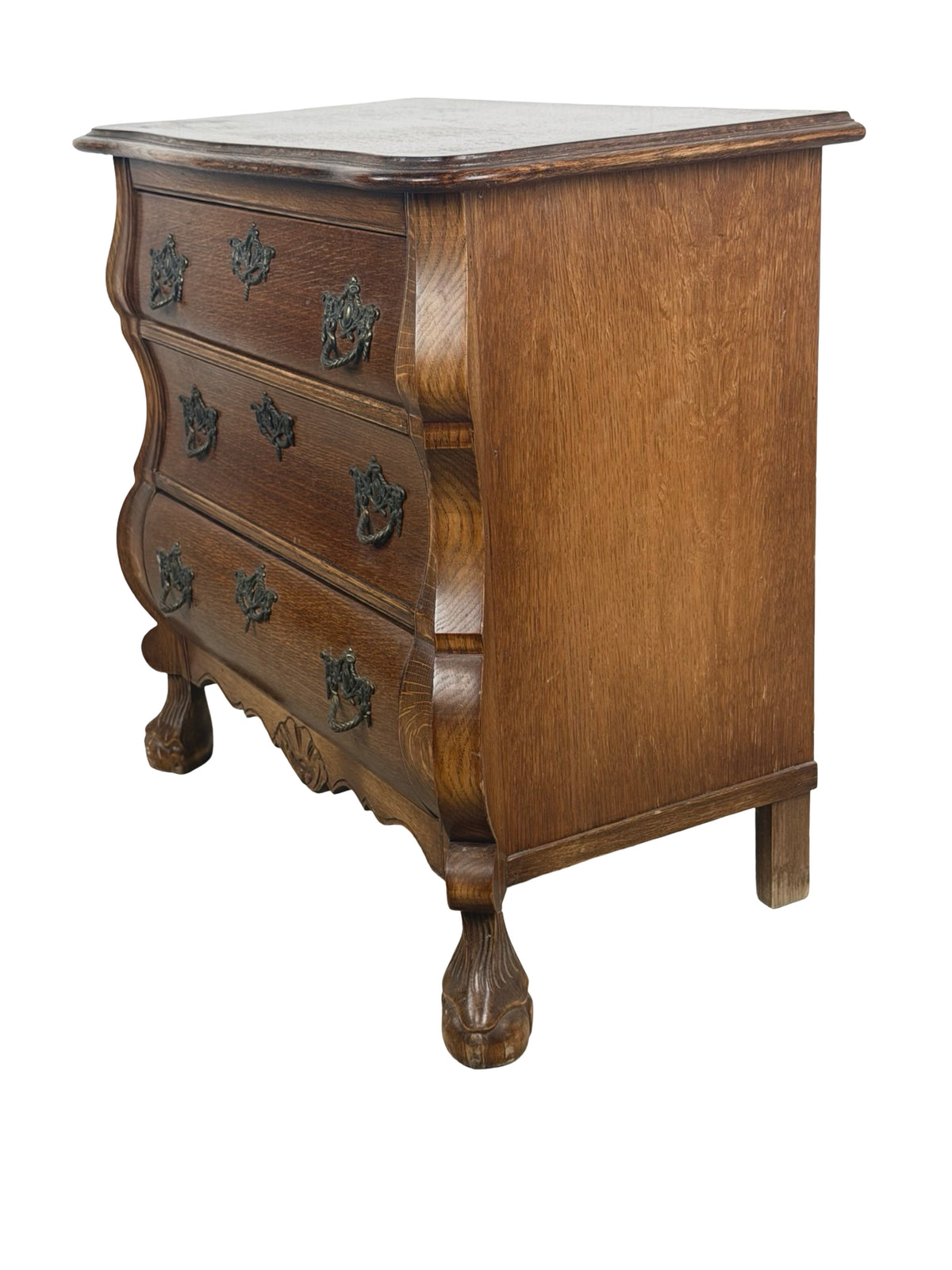 Vintage Dutch Baroque Revival Oak Bombé Three-Drawer Chest with Paw Feet