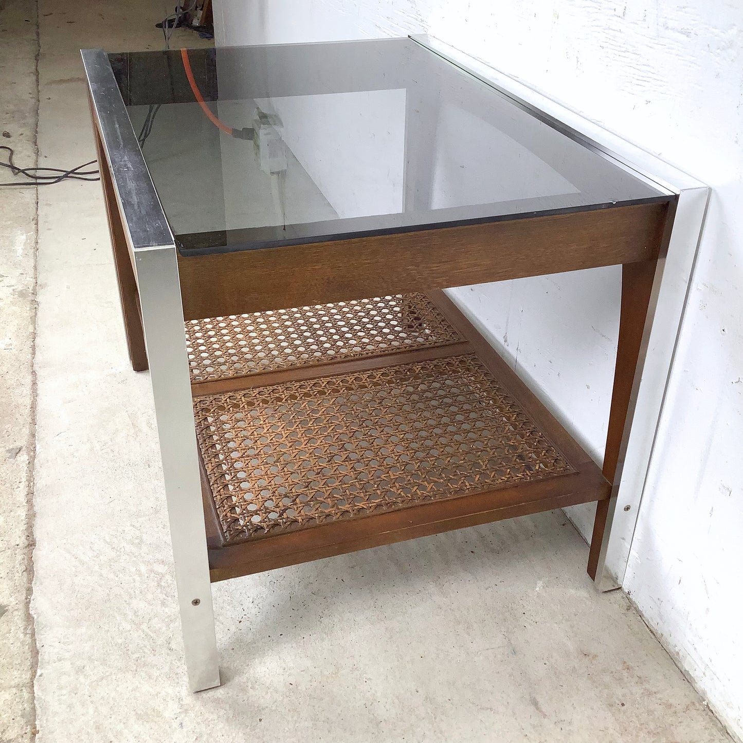 Lane Mid-Century End Table with Smoked Glass, Cane, and Wood Frame