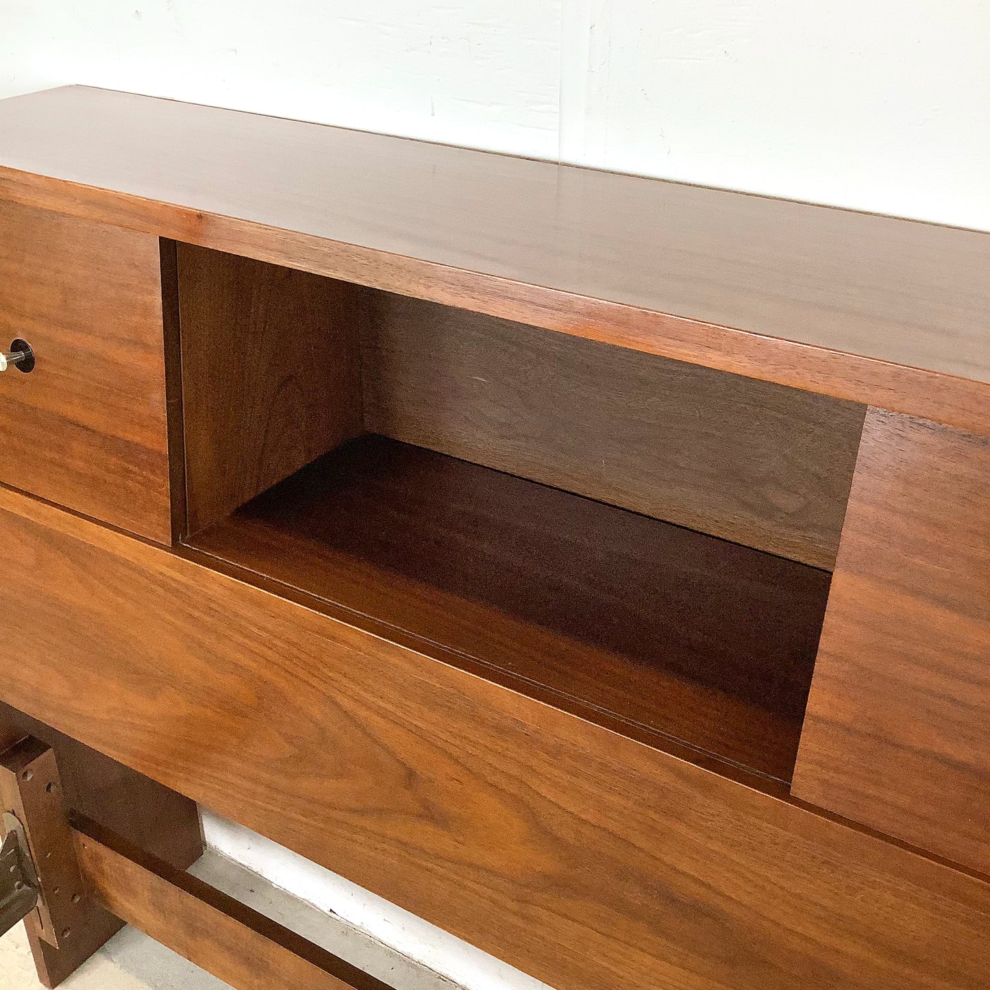 Mid-Century Walnut Twin Bed Frame with Storage Headboard