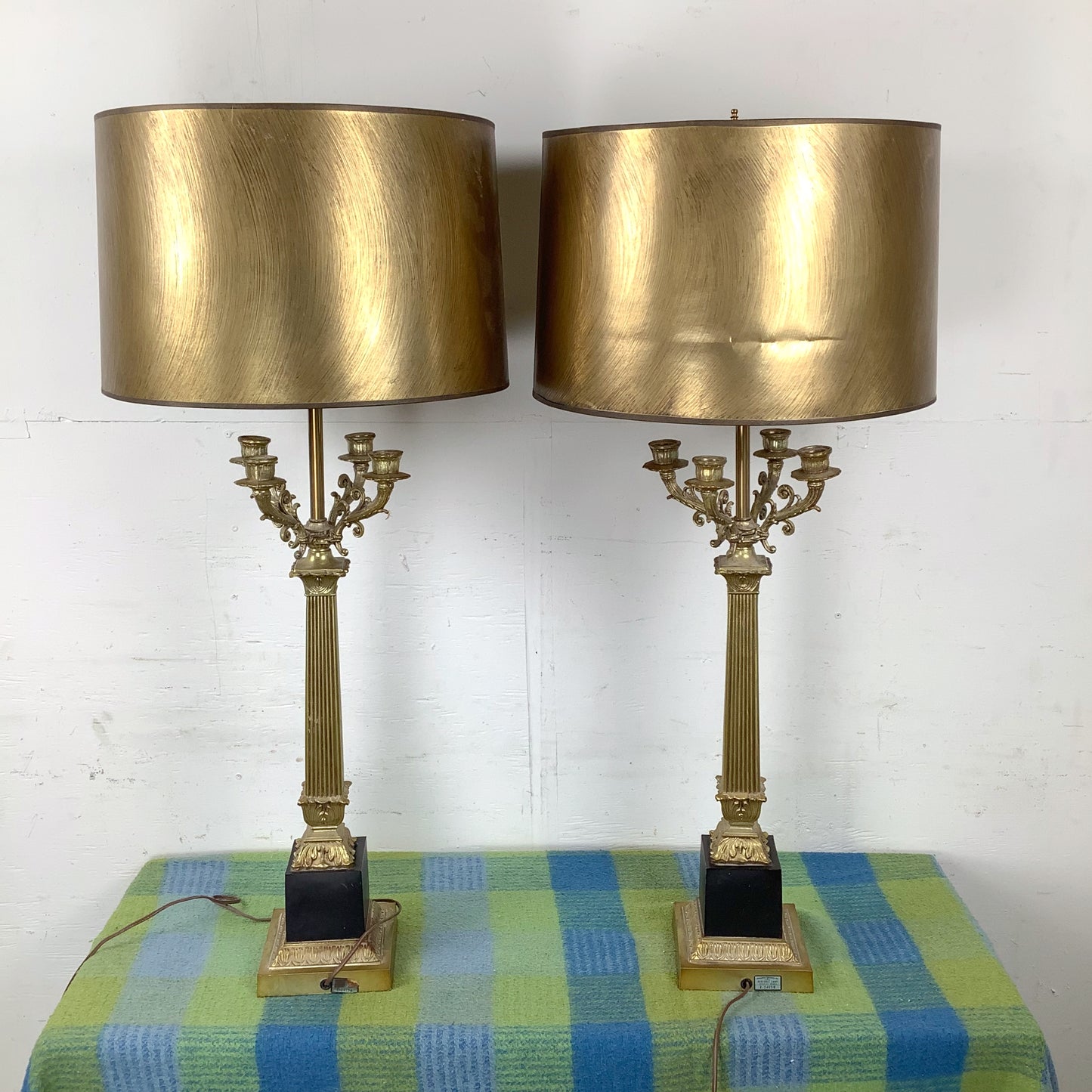 Pair of Neoclassical Brass Table Lamps with Fluted Columns and Ornate Candelabra Tops