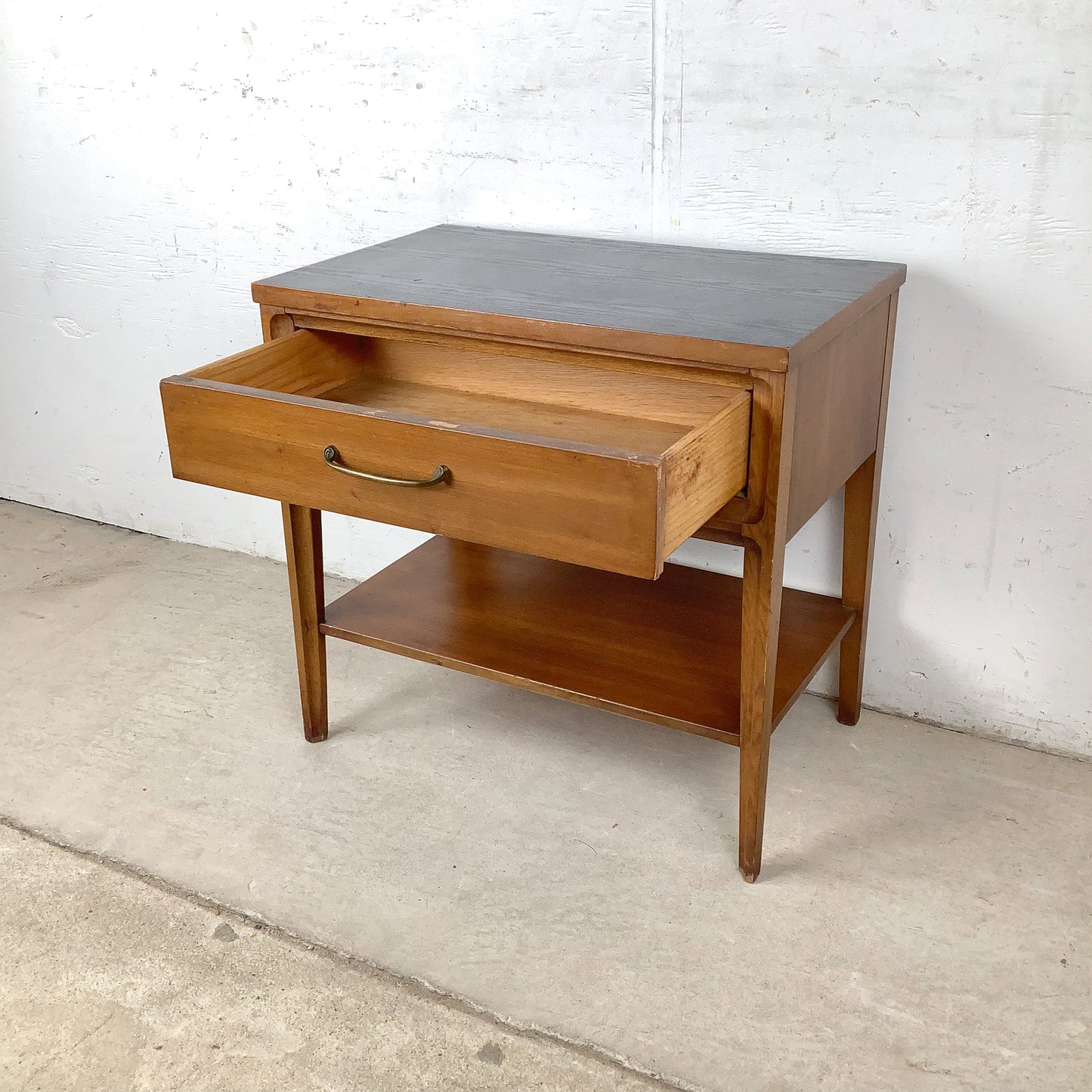 Mid-Century Nightstand with Black Top and Lower Shelf