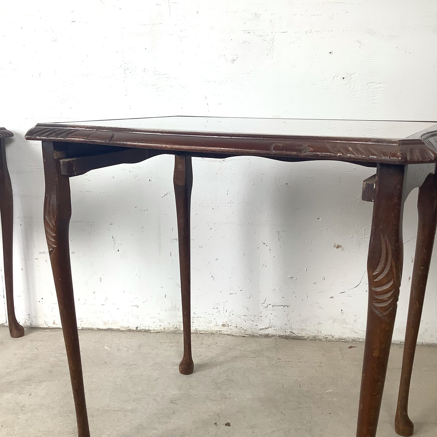 Vintage Queen Anne Style Nesting Tables with Tooled Leather Tops – Set of Three