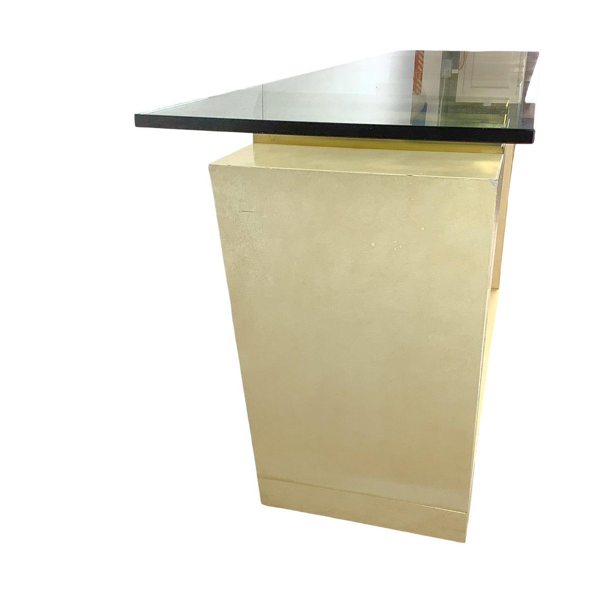 Vintage Modern Parchment-Style Console Table with Glass Top and Brass Accents