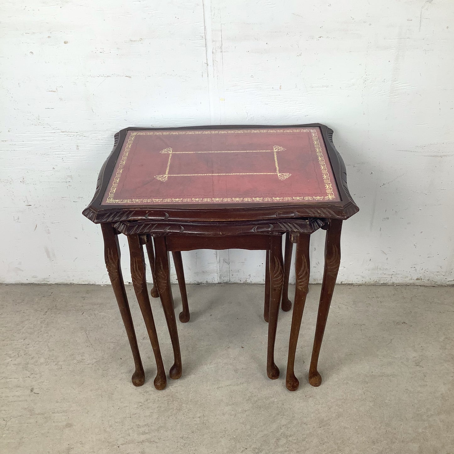 Vintage Queen Anne Style Nesting Tables with Tooled Leather Tops – Set of Three