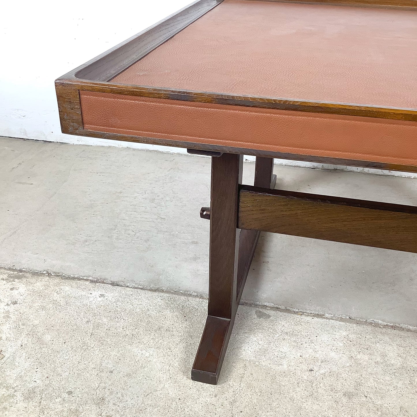Vintage Studio-Made Square End Table, Leather Top, Architectural Trestle Base, Mid-Century