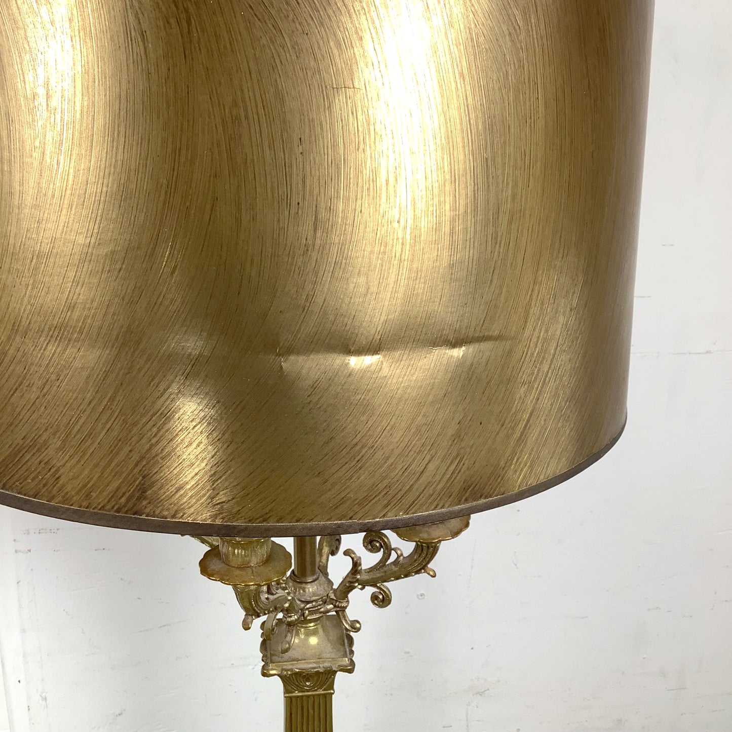 Pair of Neoclassical Brass Table Lamps with Fluted Columns and Ornate Candelabra Tops