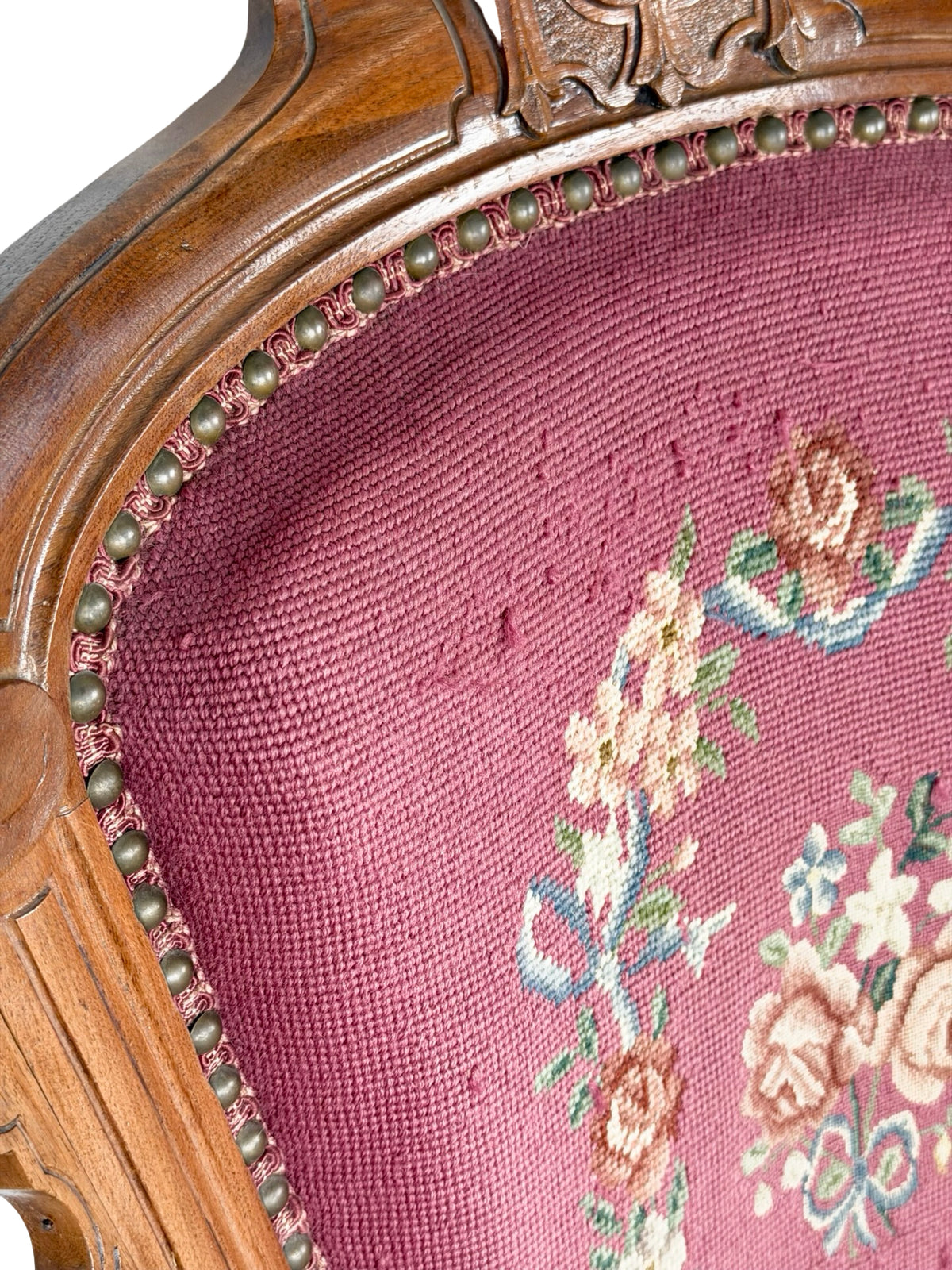 Vintage Renaissance Revival Carved Armchair with Burgundy Floral Upholstery