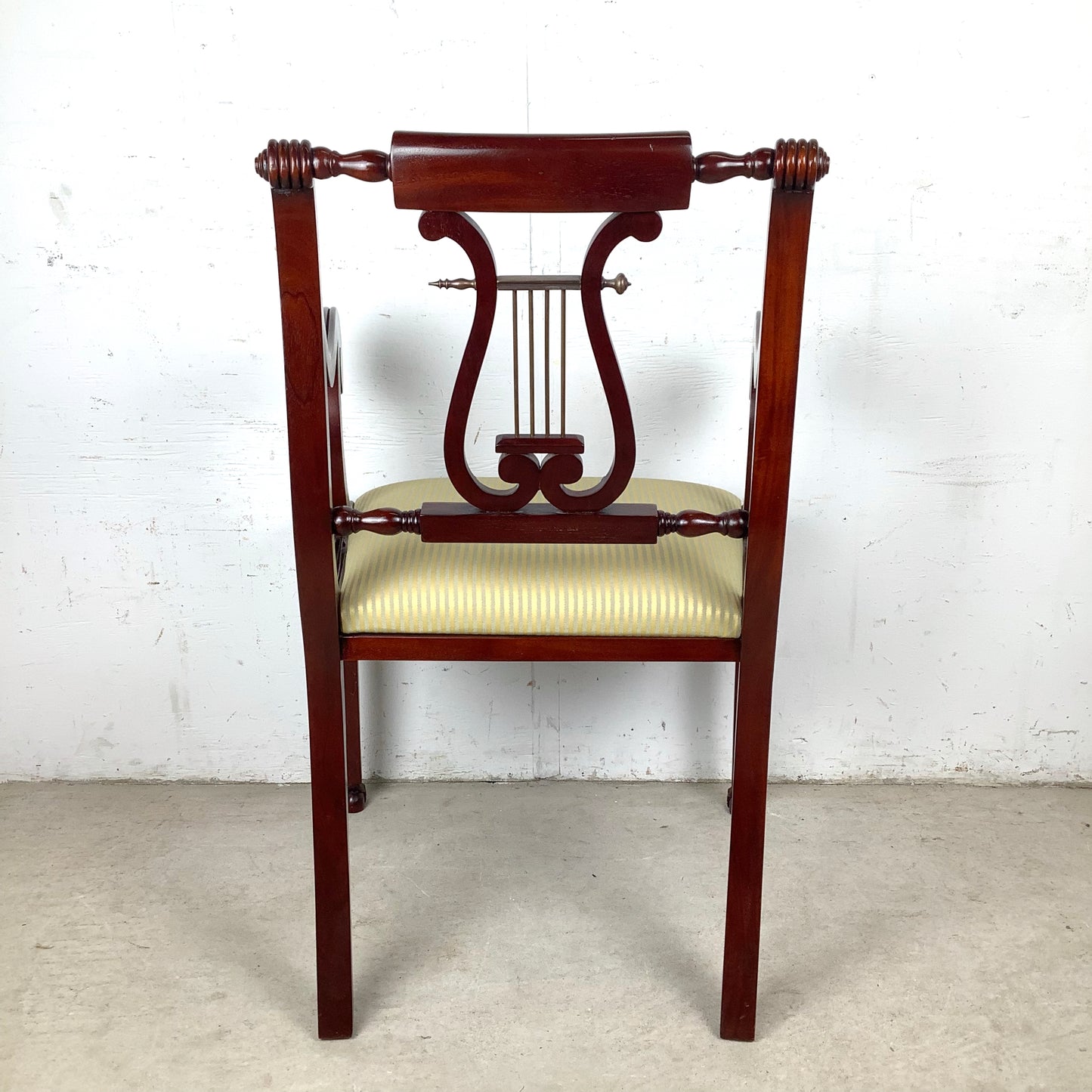 Elegant Vintage Lyre-Back Mahogany Accent Chair With Upholstered Seat