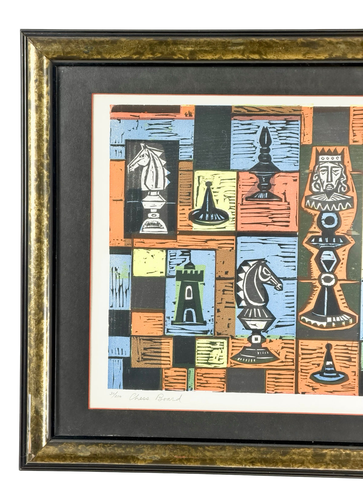 Irving Amen “Chess Board” Signed Mid-Century Modern Color Woodcut