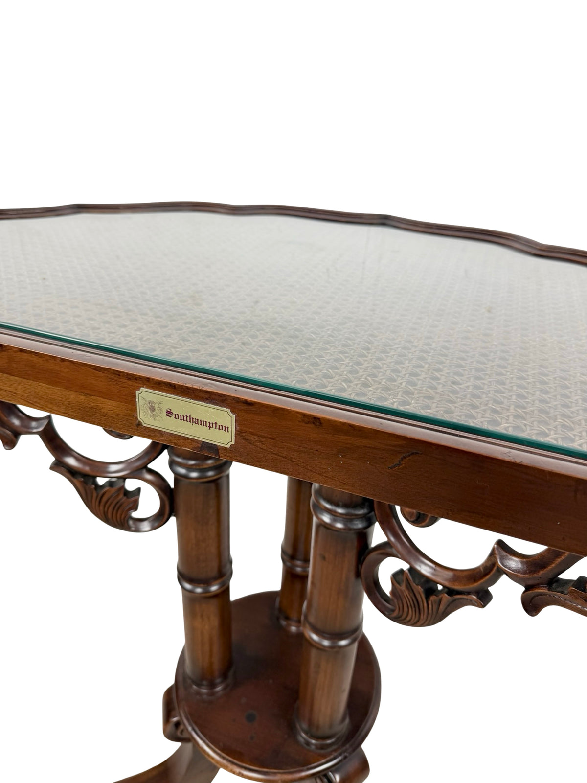 Vintage Southampton Demilune Wall Console Table Cane Glass Top