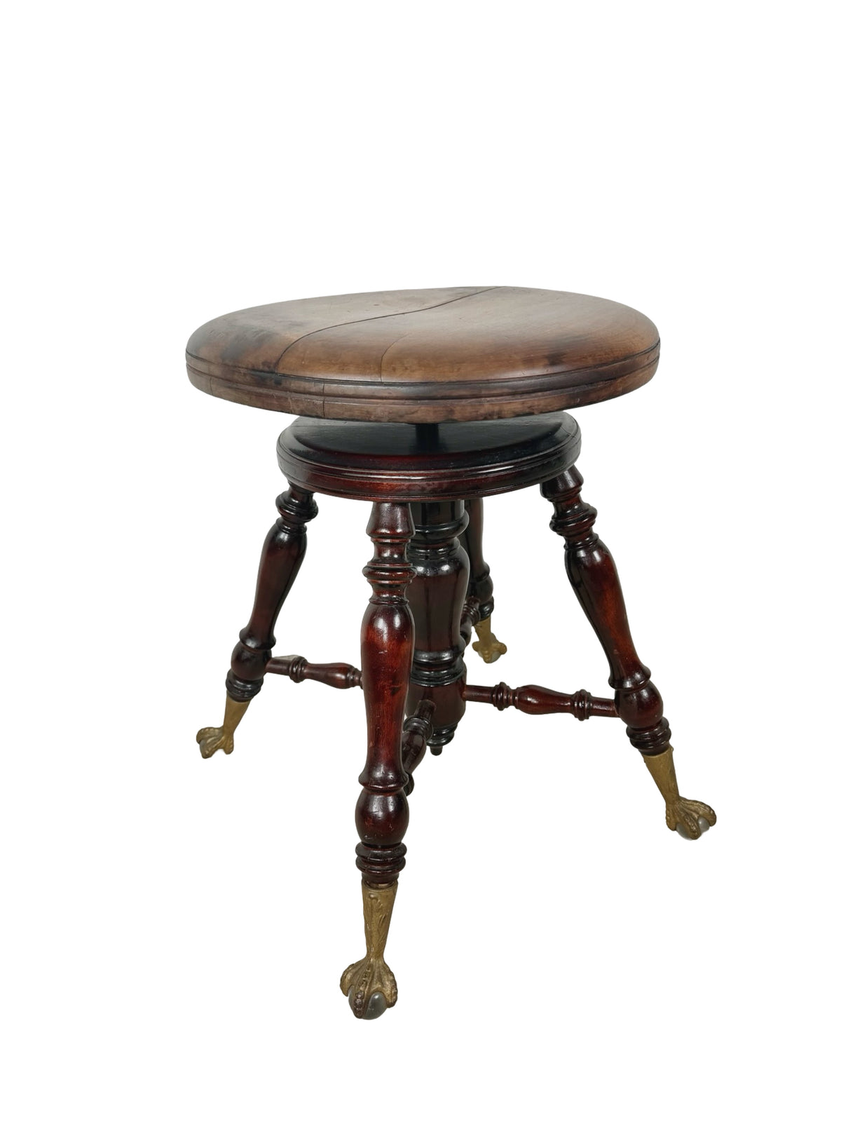 Antique Adjustable Piano Stool with Glass Ball-and-Claw Feet
