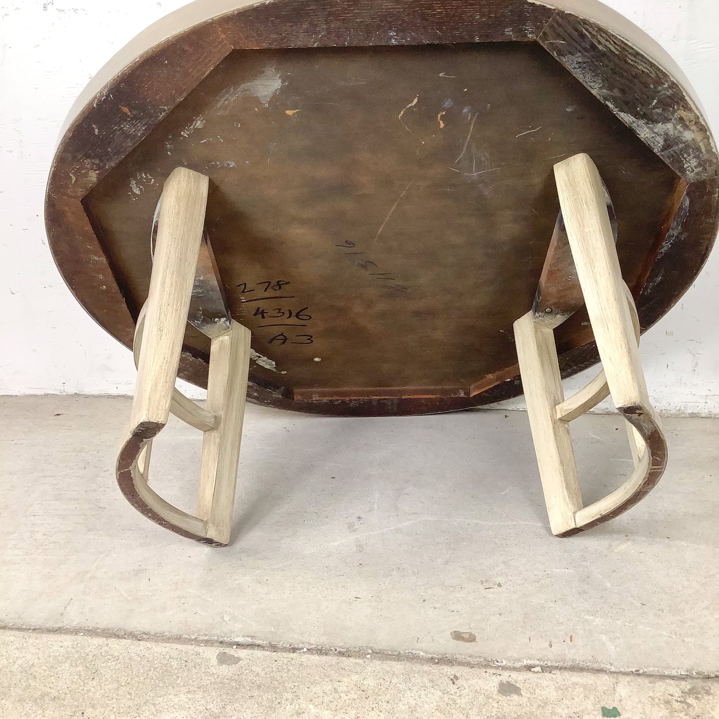 Vintage Round Low Coffee Table | Cerused Finish | Arch Form Base | Circular Stretcher