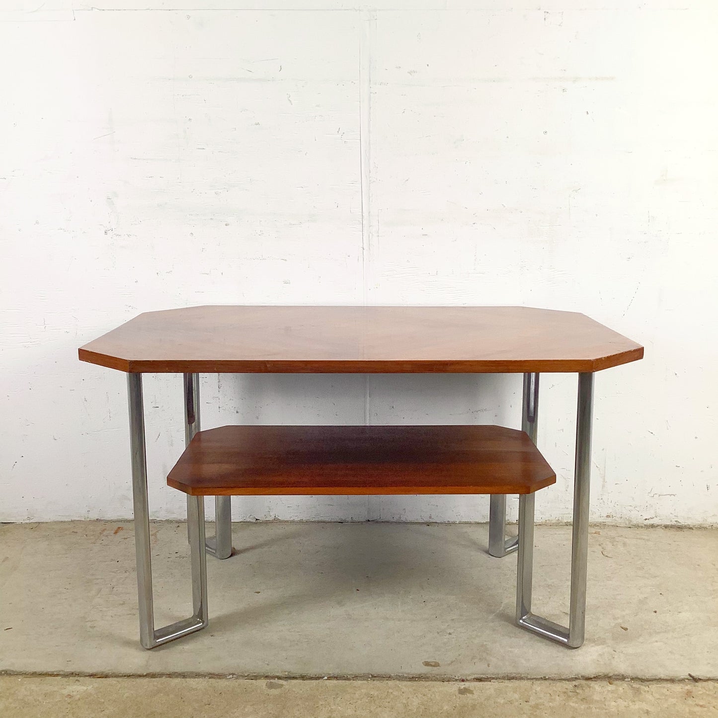Vintage Modern Coffee Table with Bookmatched Veneer Top and Chrome Base