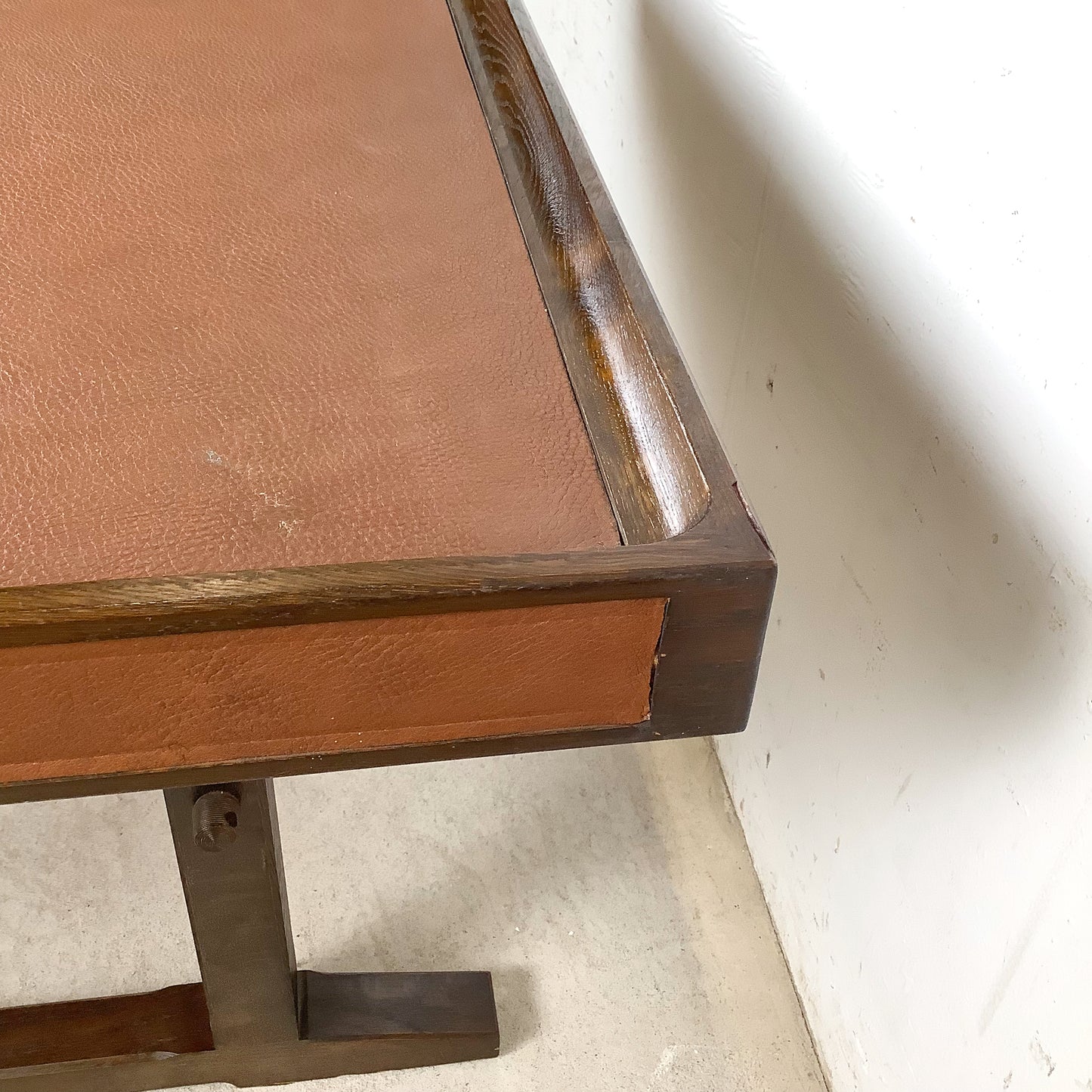 Vintage Studio-Made Square End Table, Leather Top, Architectural Trestle Base, Mid-Century