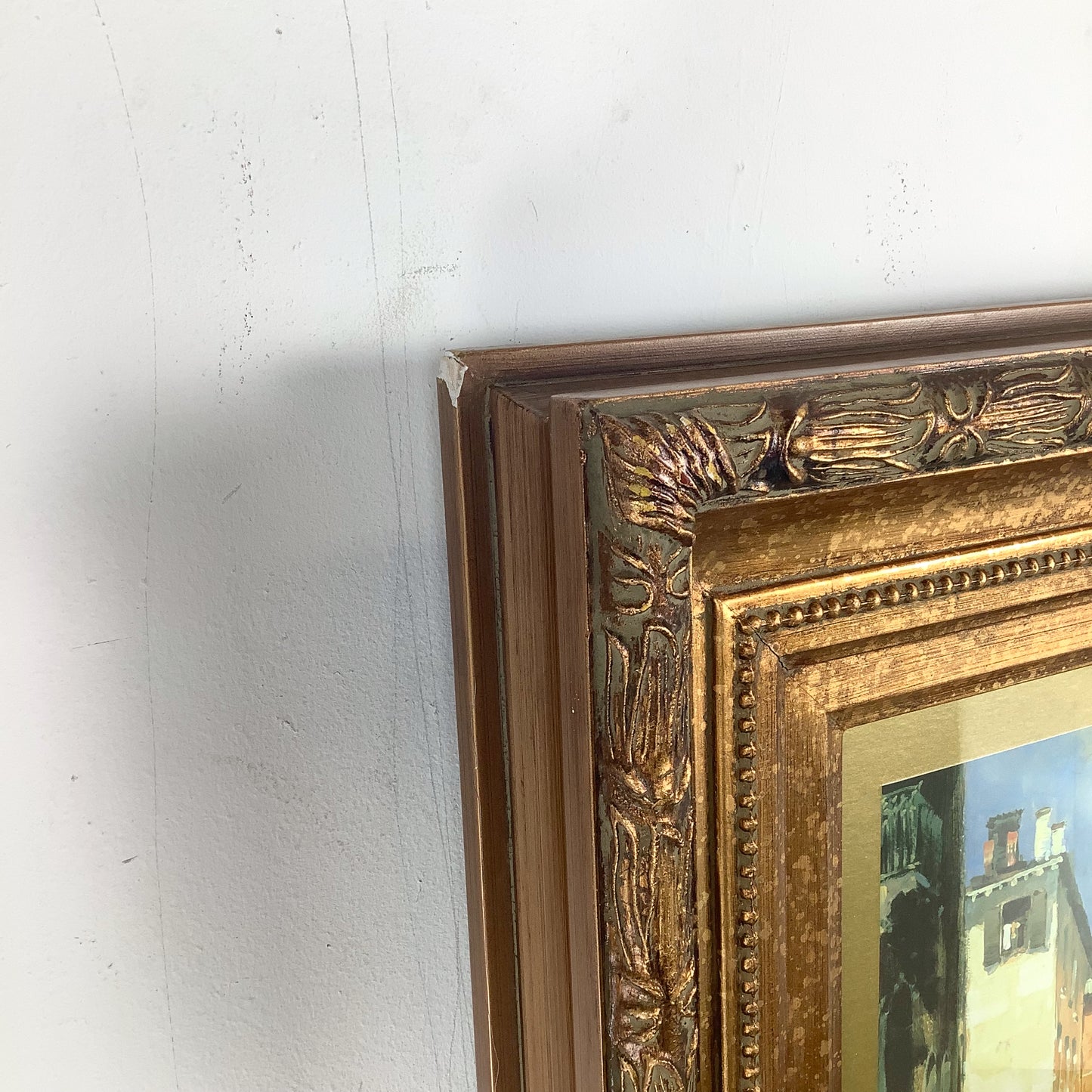 European Grand Tour Canal Scene, Decorative Print in Carved Gilt Frame